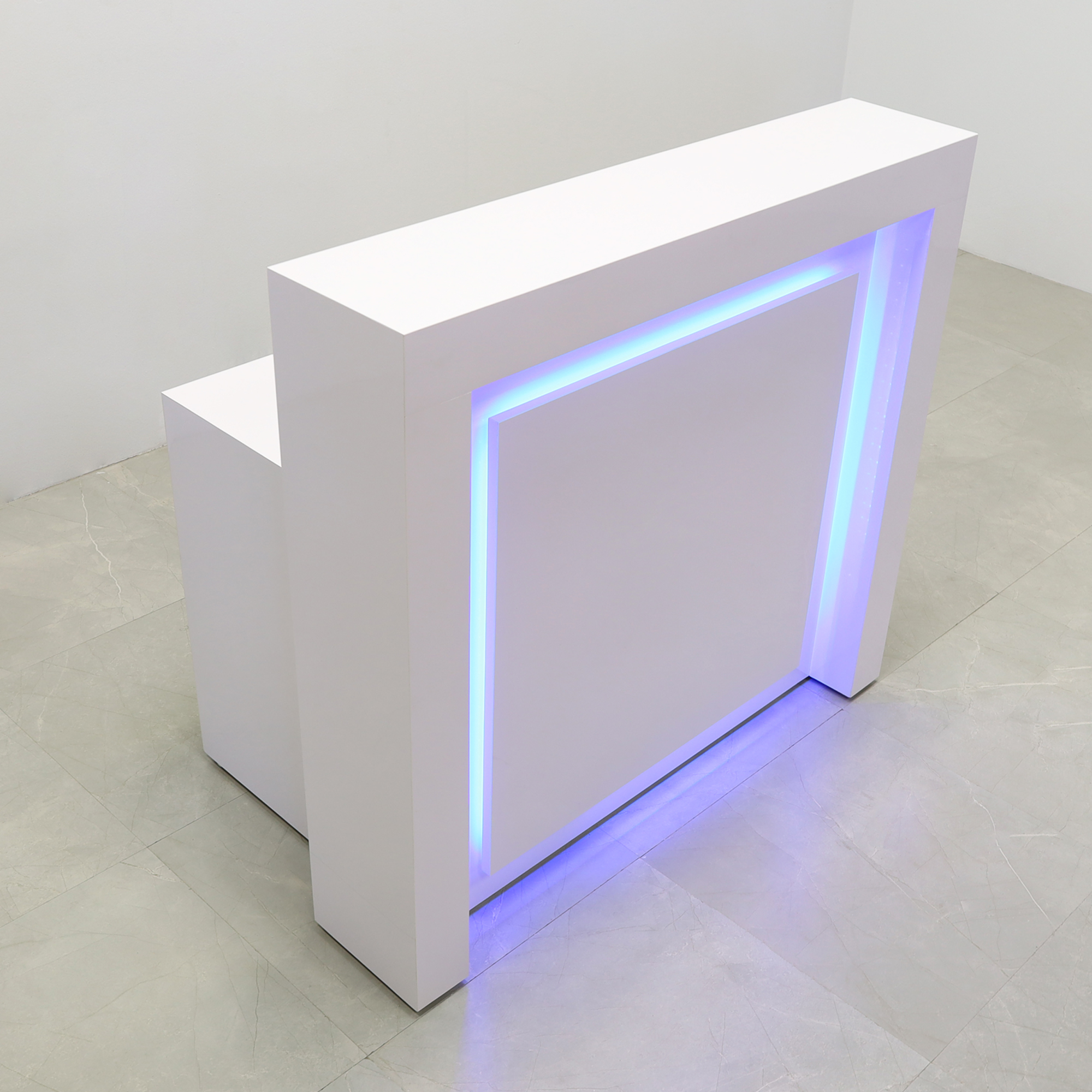 48-inch New York Straight Reception Desk in white gloss laminate finish, with multi-colored LED, shown here.