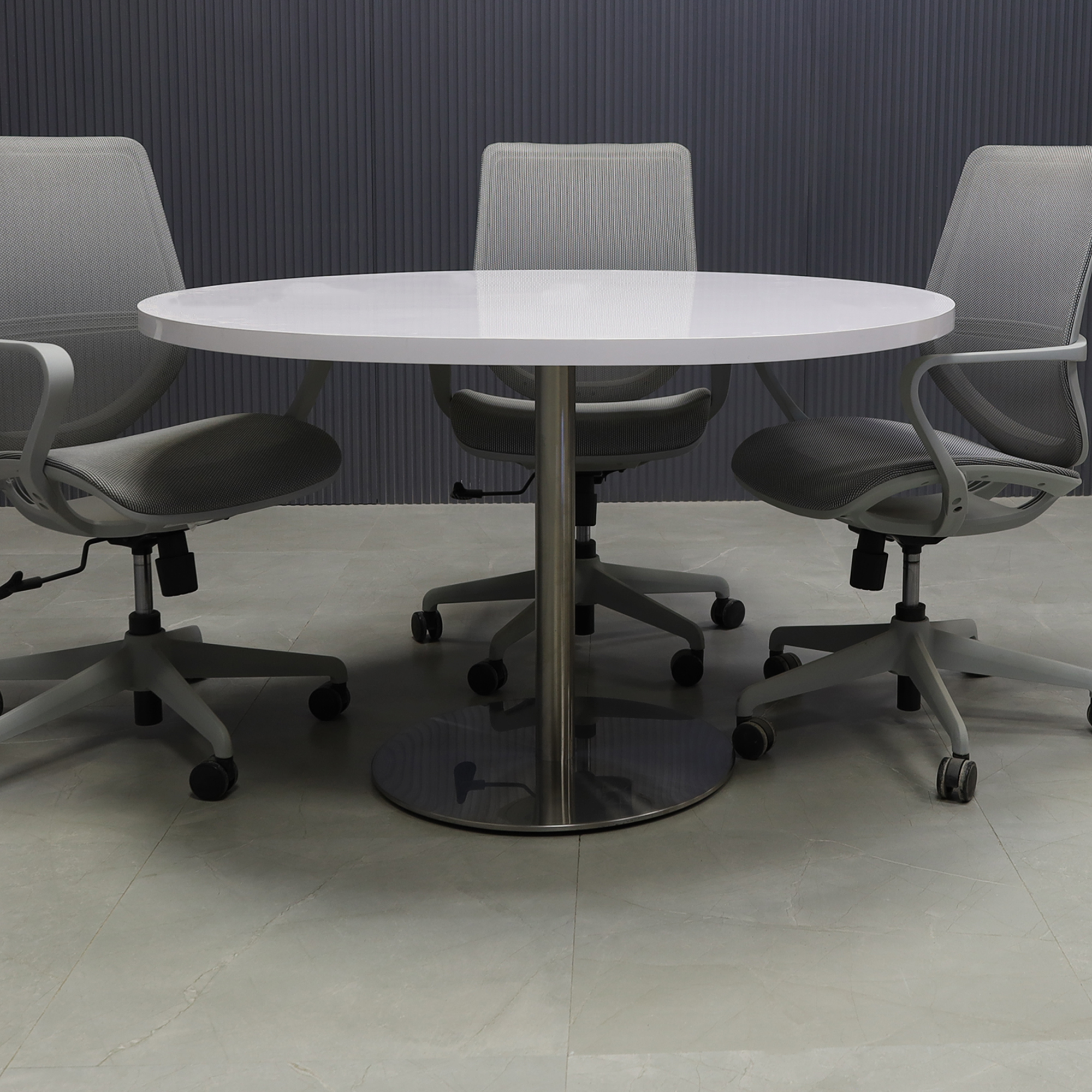 48-inch California Round Conference Table with white gloss laminate top and silver metal powder-coated base.