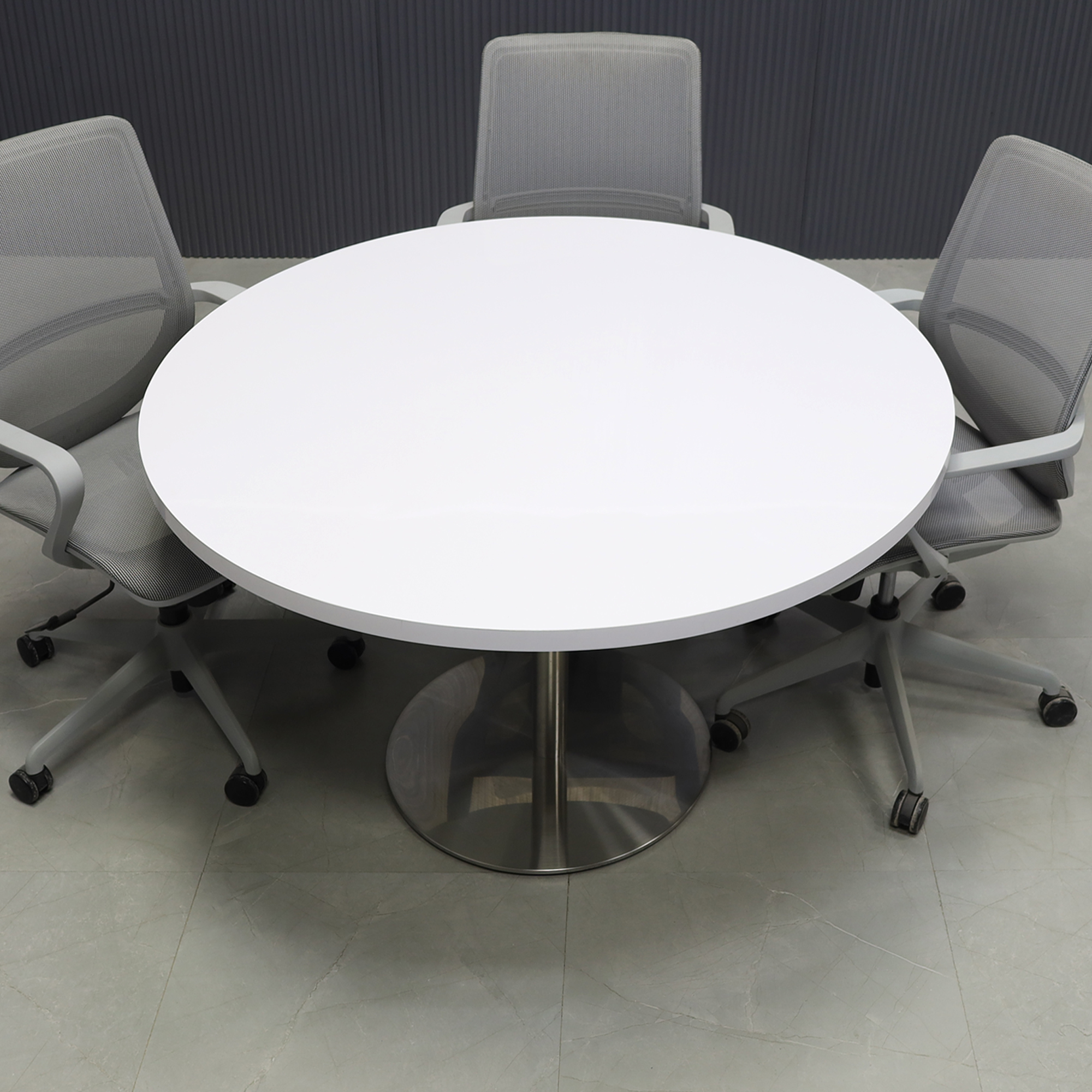 48-inch California Round Conference Table with white gloss laminate top and silver metal powder-coated base.