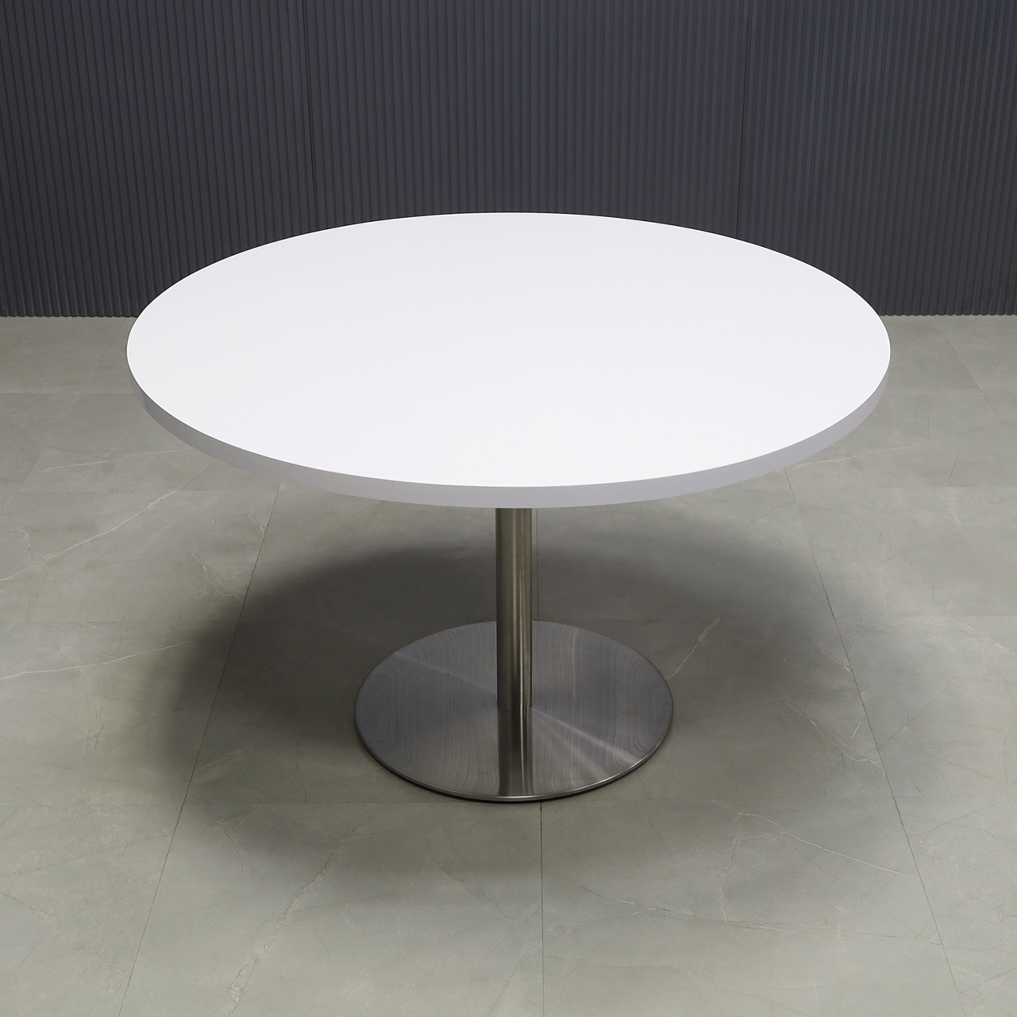 48-inch California Round Conference Table with white gloss laminate top and silver metal powder-coated base.