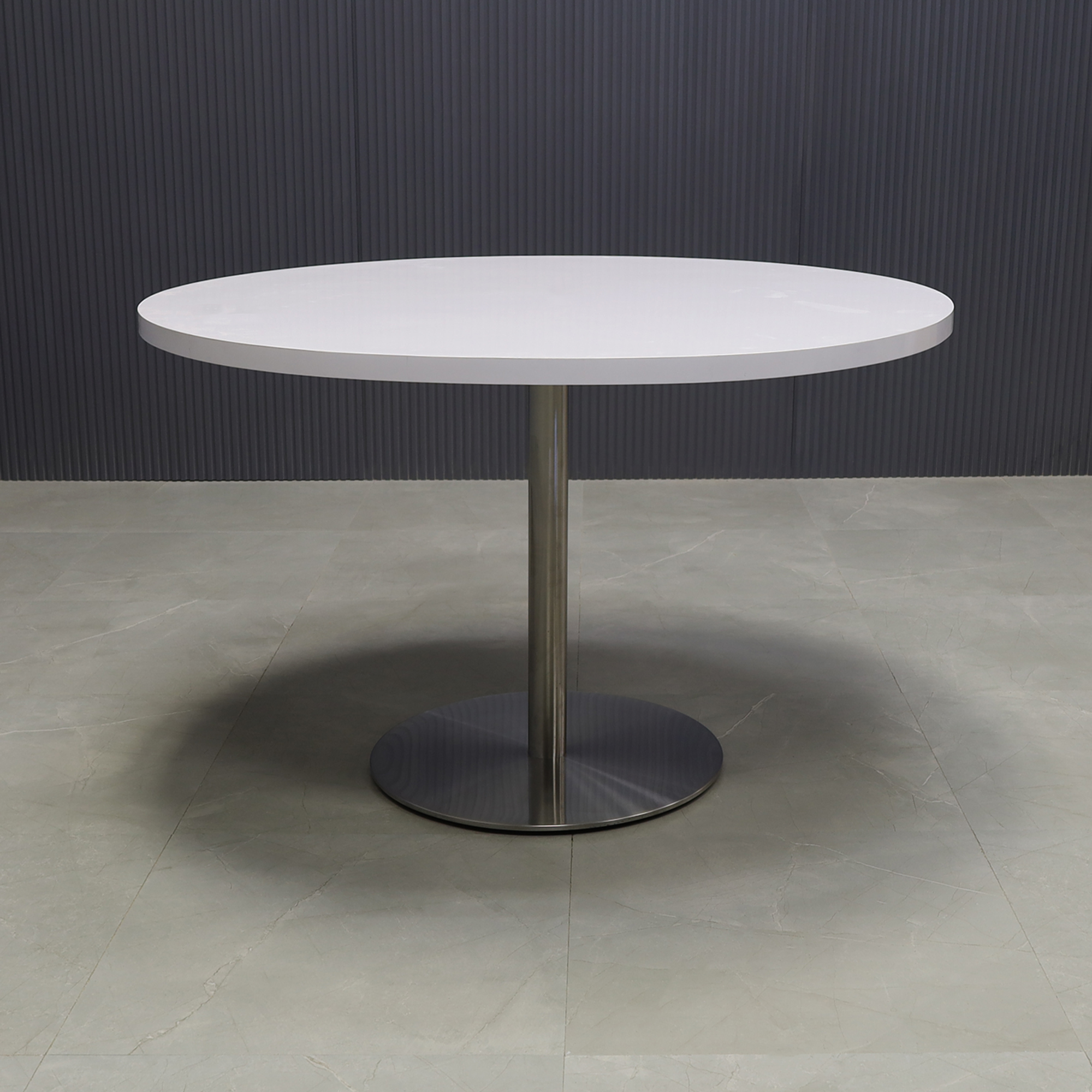 48-inch California Round Conference Table with white gloss laminate top and silver metal powder-coated base.