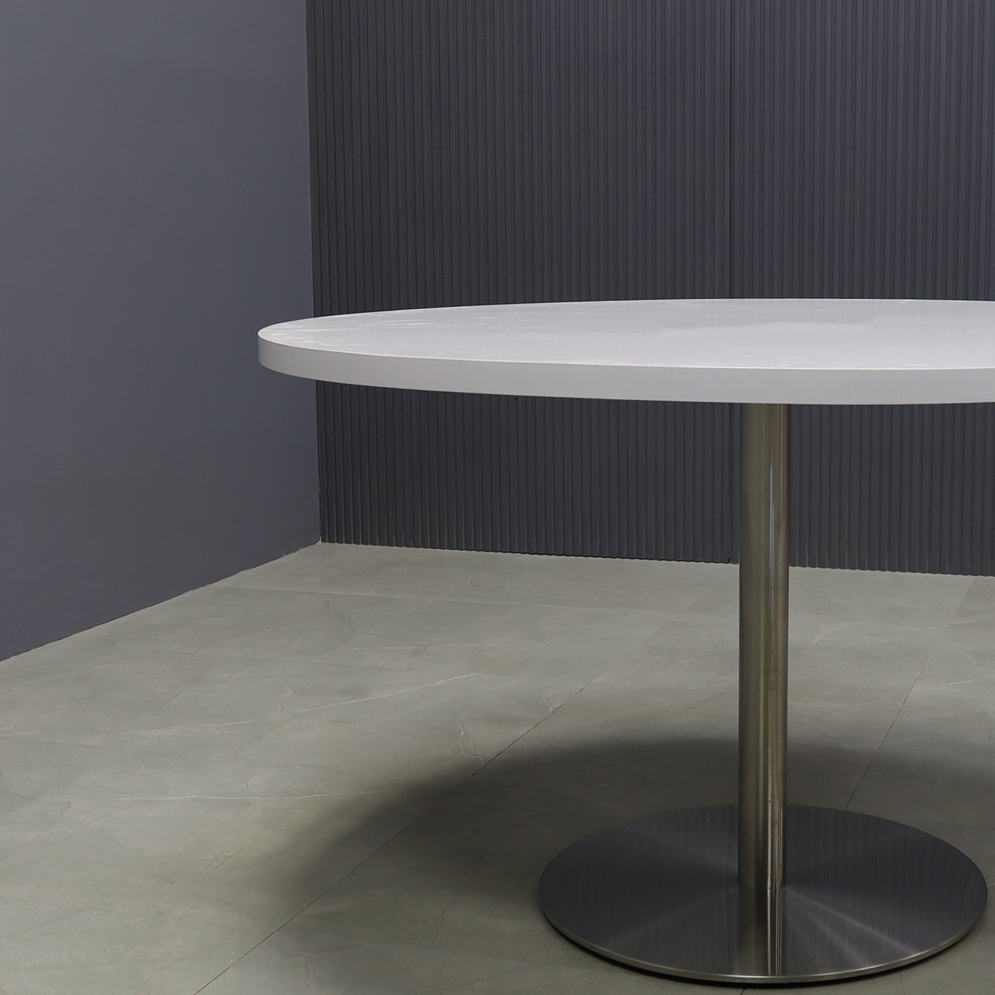48-inch California Round Conference Table with white gloss laminate top and silver metal powder-coated base.