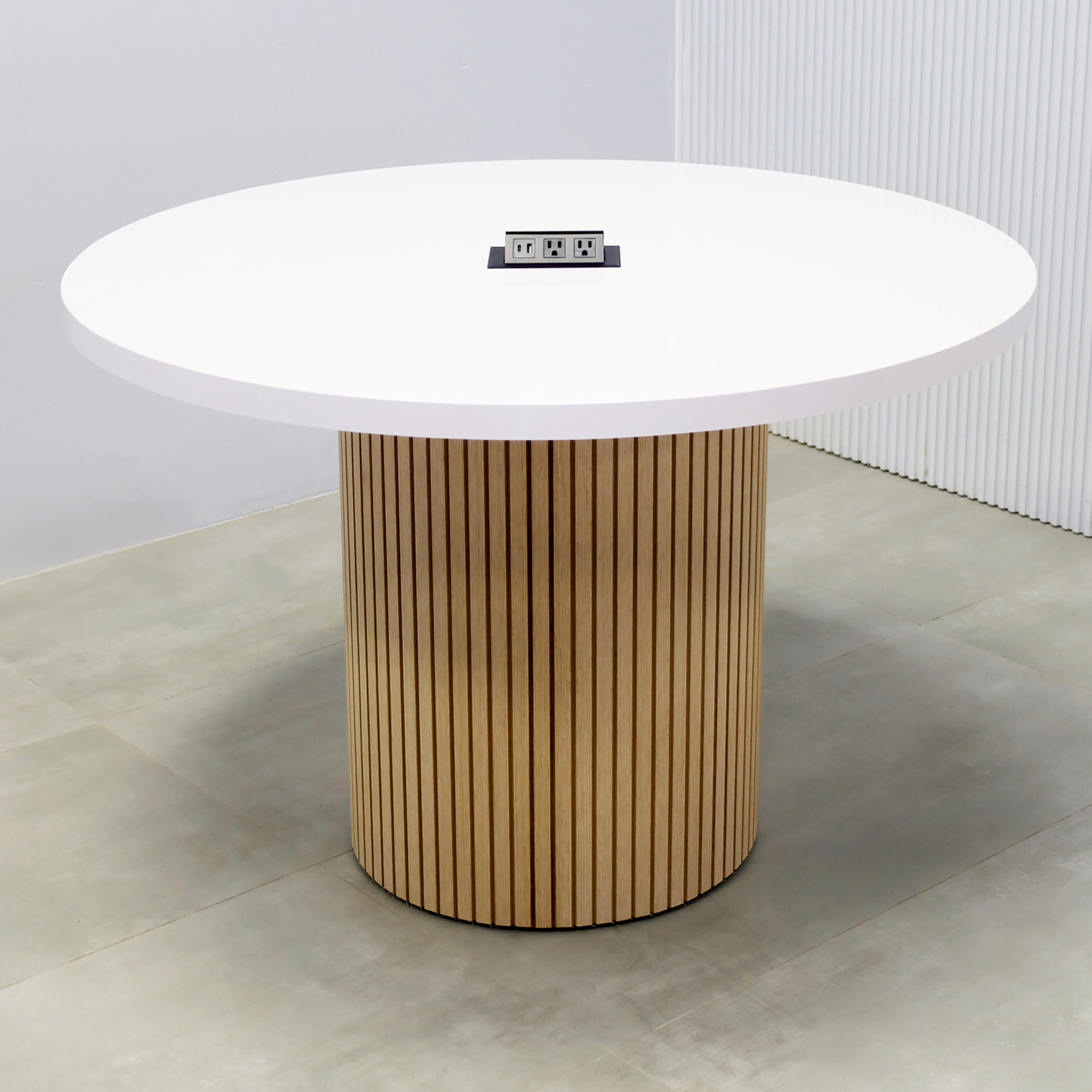 48-inch Newton Round Conference Table with X2 Base with white gloss laminate top, white oak tambour base, and MX2 power box in black.