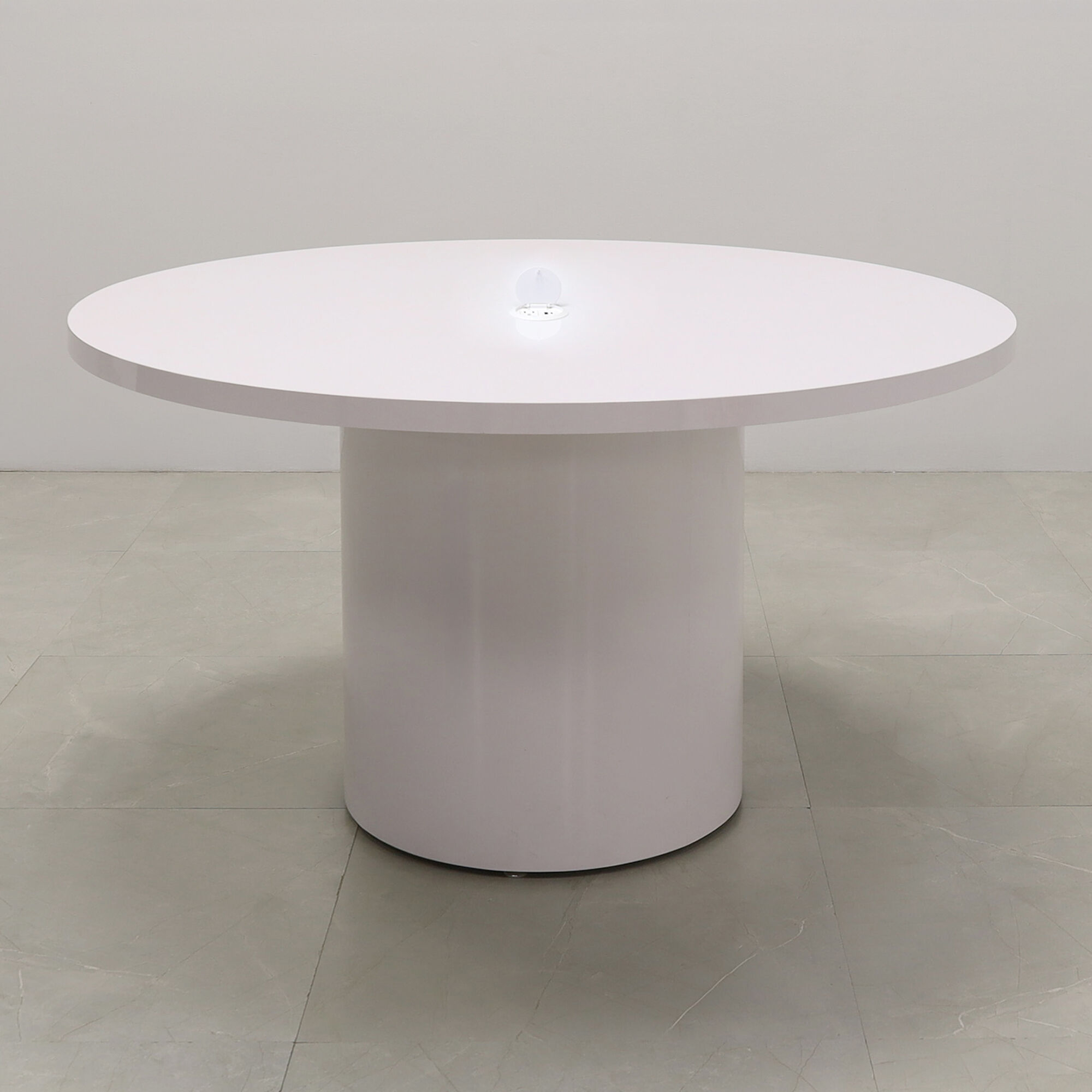 48-inch Newton Round Conference Table in white gloss laminate top & base, with white MX1 power box.