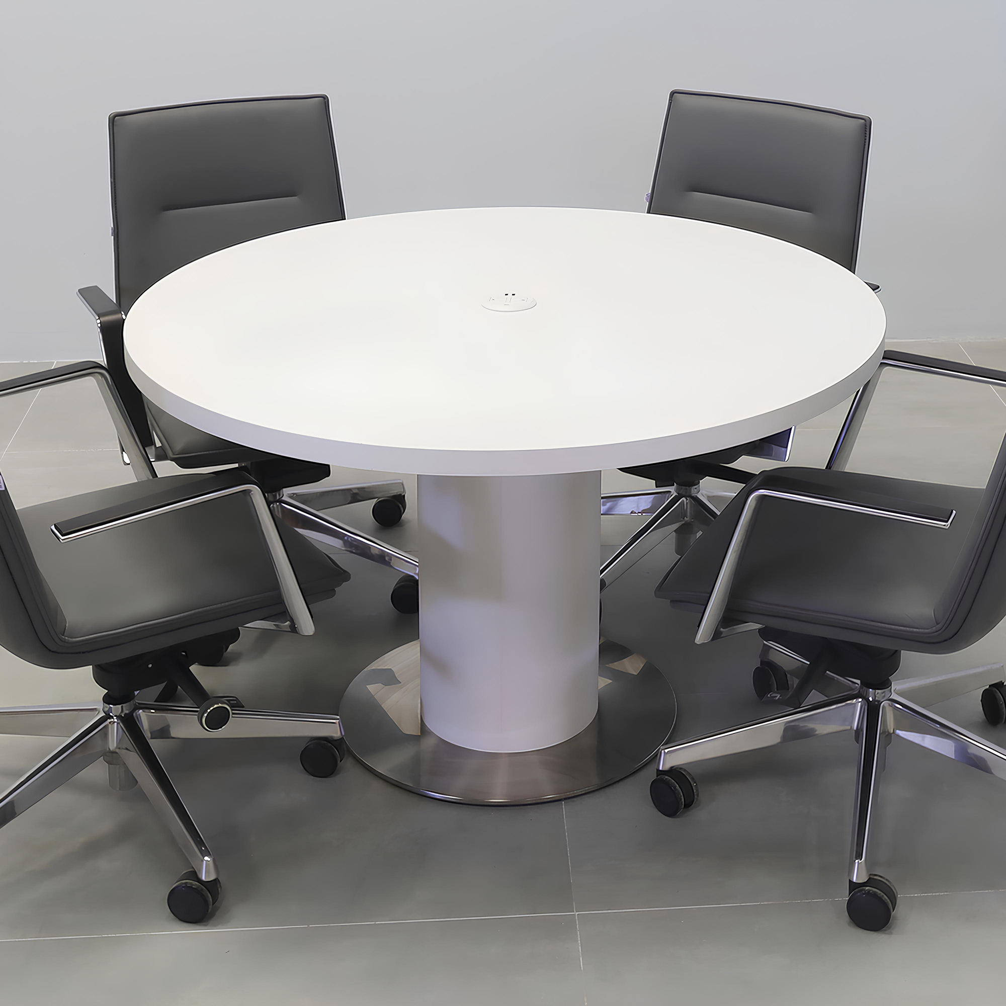 48-inch Newton Round  With Laminate Top & pedestal in white matte laminate, silver metal powder-coated base, and white MX1 power box.