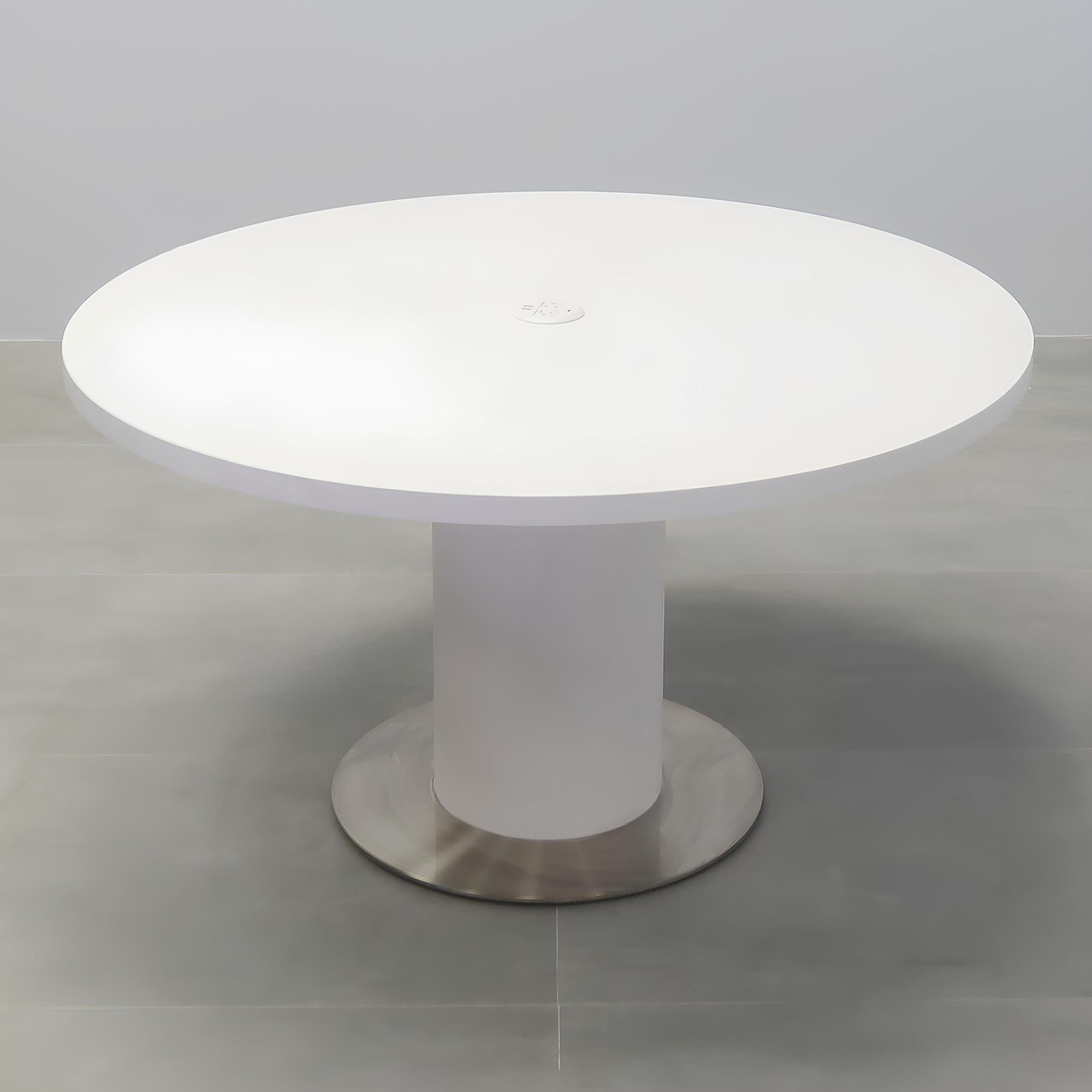 48-inch Newton Round  With Laminate Top & pedestal in white matte laminate, silver metal powder-coated base, and white MX1 power box.