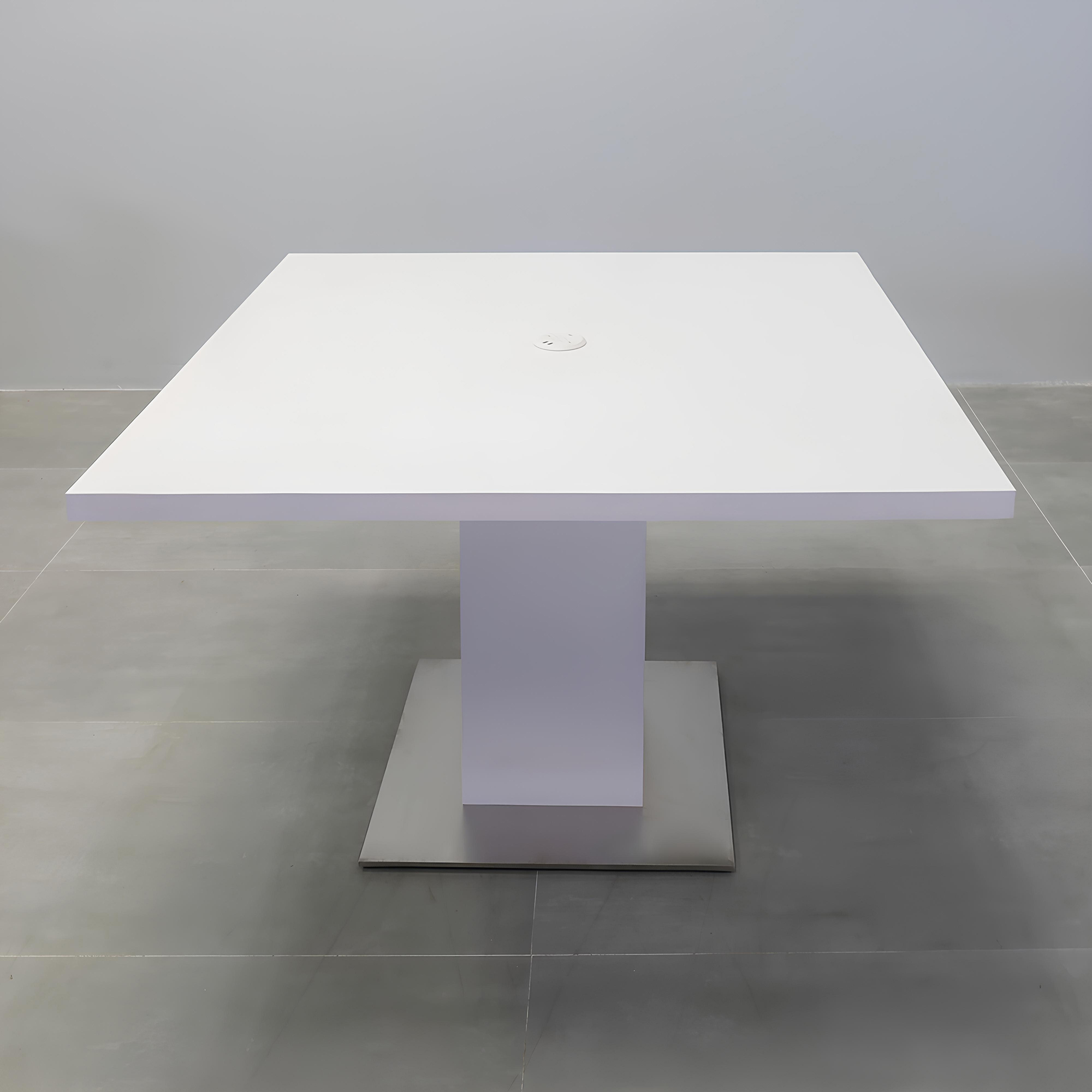 54-inch Newton Square Table with X1 Base, pedestal in white matte PVC, silver metal powder-coated base, and white MX1 power box.