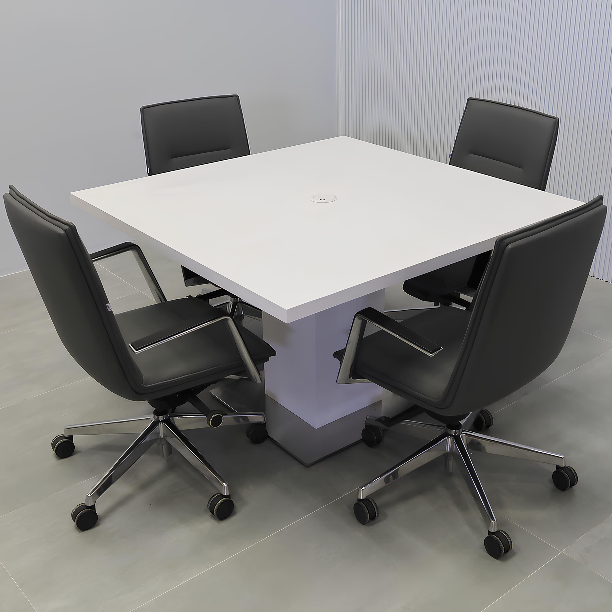 54-inch Newton Square Table with X1 Base, pedestal in white matte PVC, silver metal powder-coated base, and white MX1 power box.