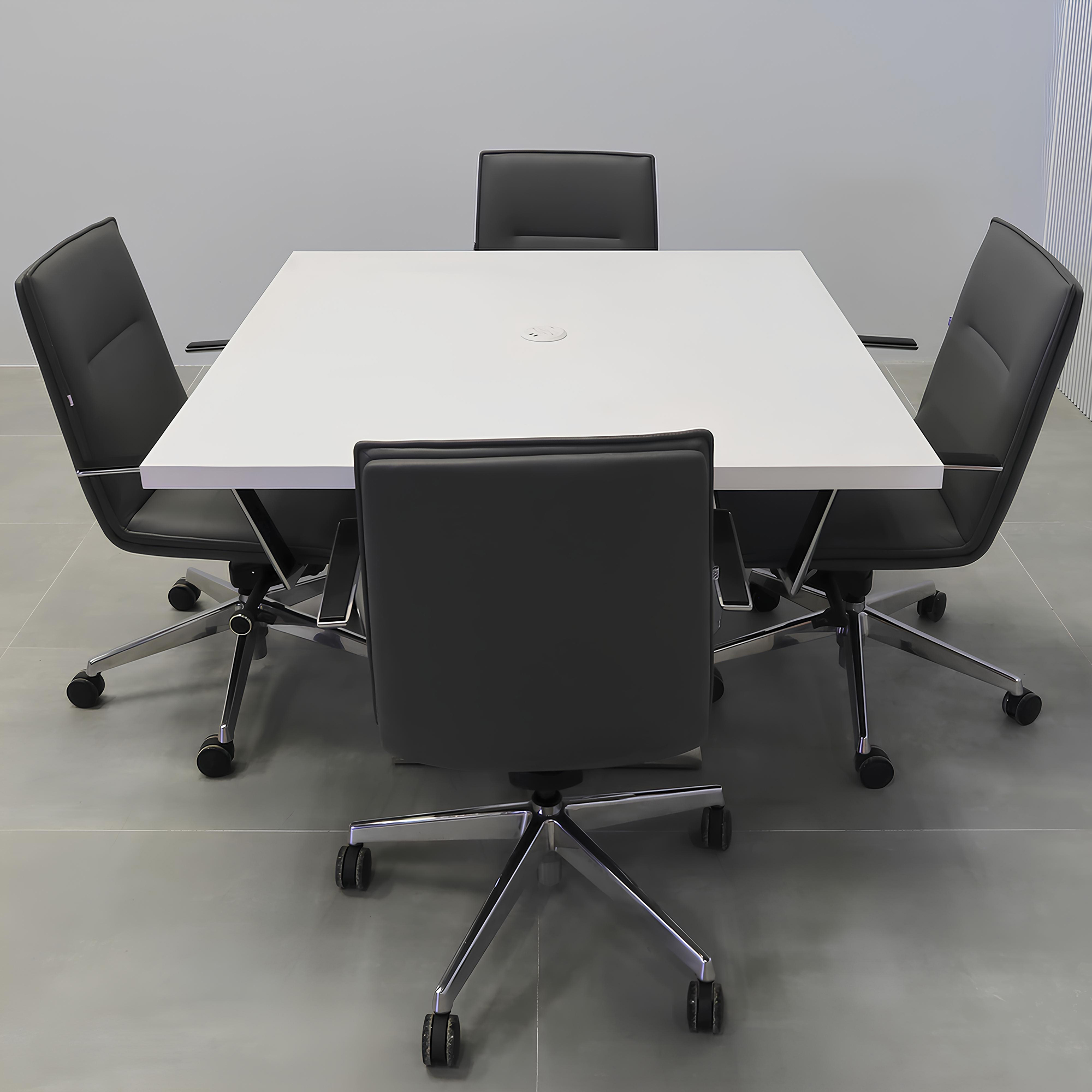 54-inch Newton Square Table with X1 Base, pedestal in white matte PVC, silver metal powder-coated base, and white MX1 power box.