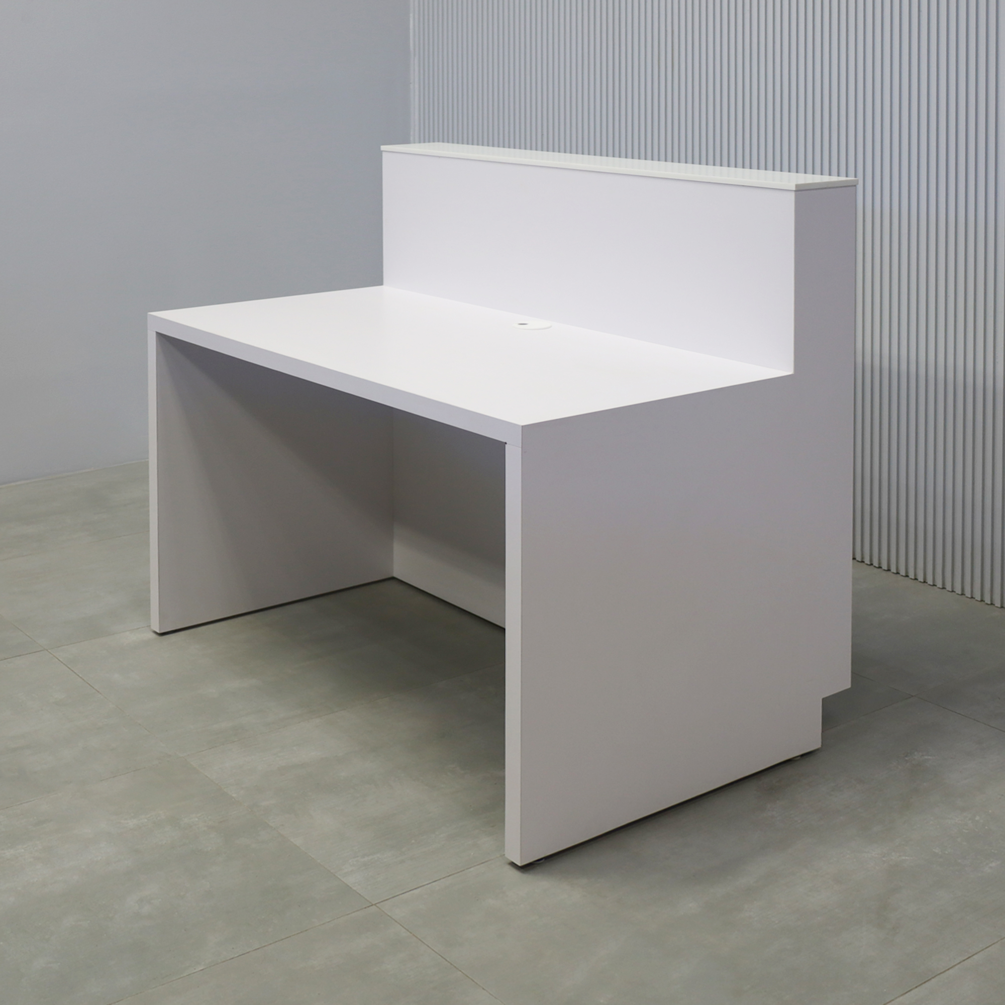 48-inch Dallas Straight Reception Desk with White Solid Engineered Surface top, White Matte laminate workspace & main body, and Brushed Aluminum toe-kick.