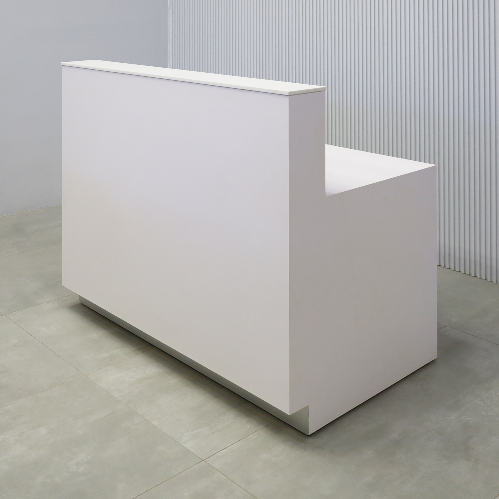 48-inch Dallas Straight Reception Desk with White Solid Engineered Surface top, White Matte laminate workspace & main body, and Brushed Aluminum toe-kick.