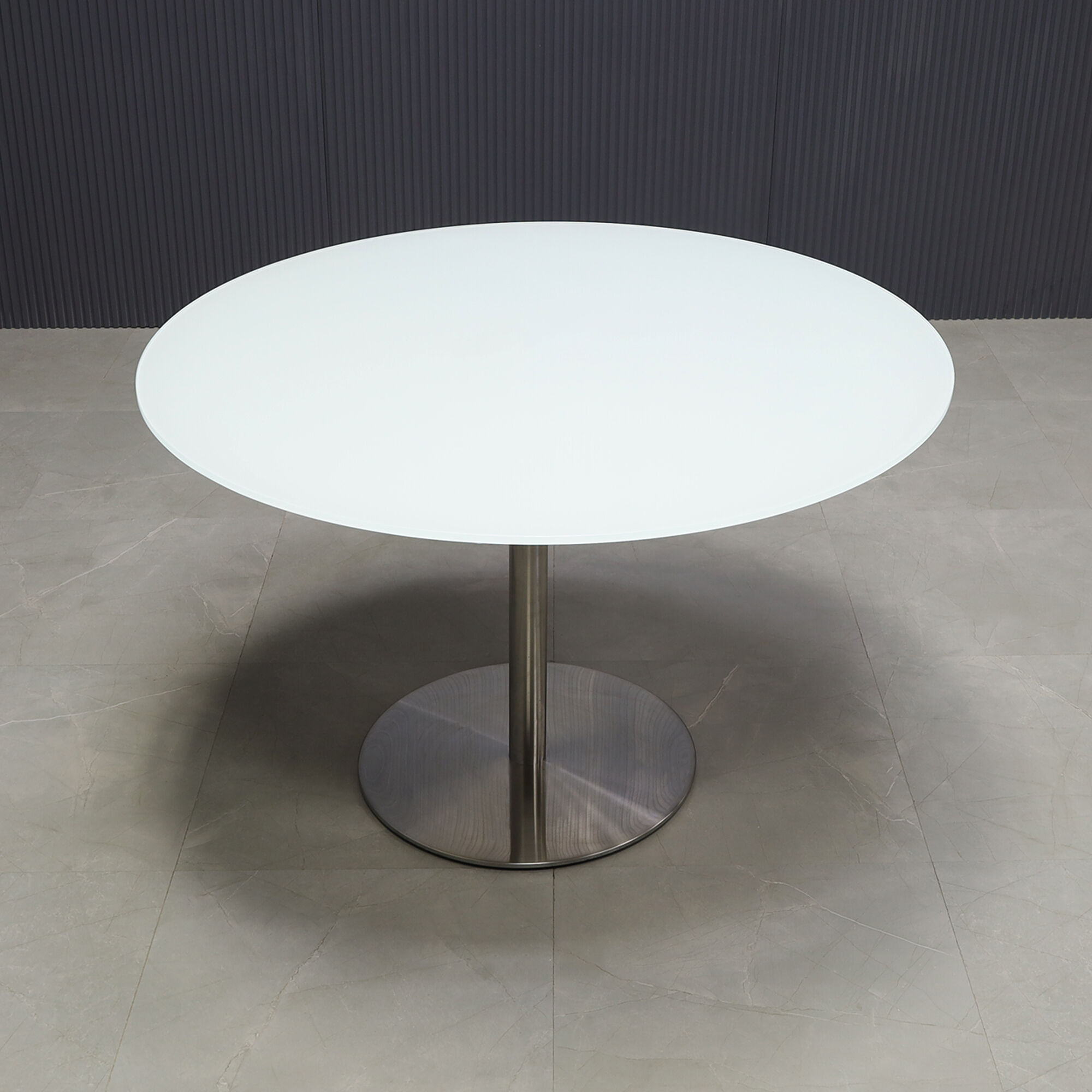 48-inch California Round Conference Table with 1/2-inch white tempered glass top and silver metal powder-coated base.
