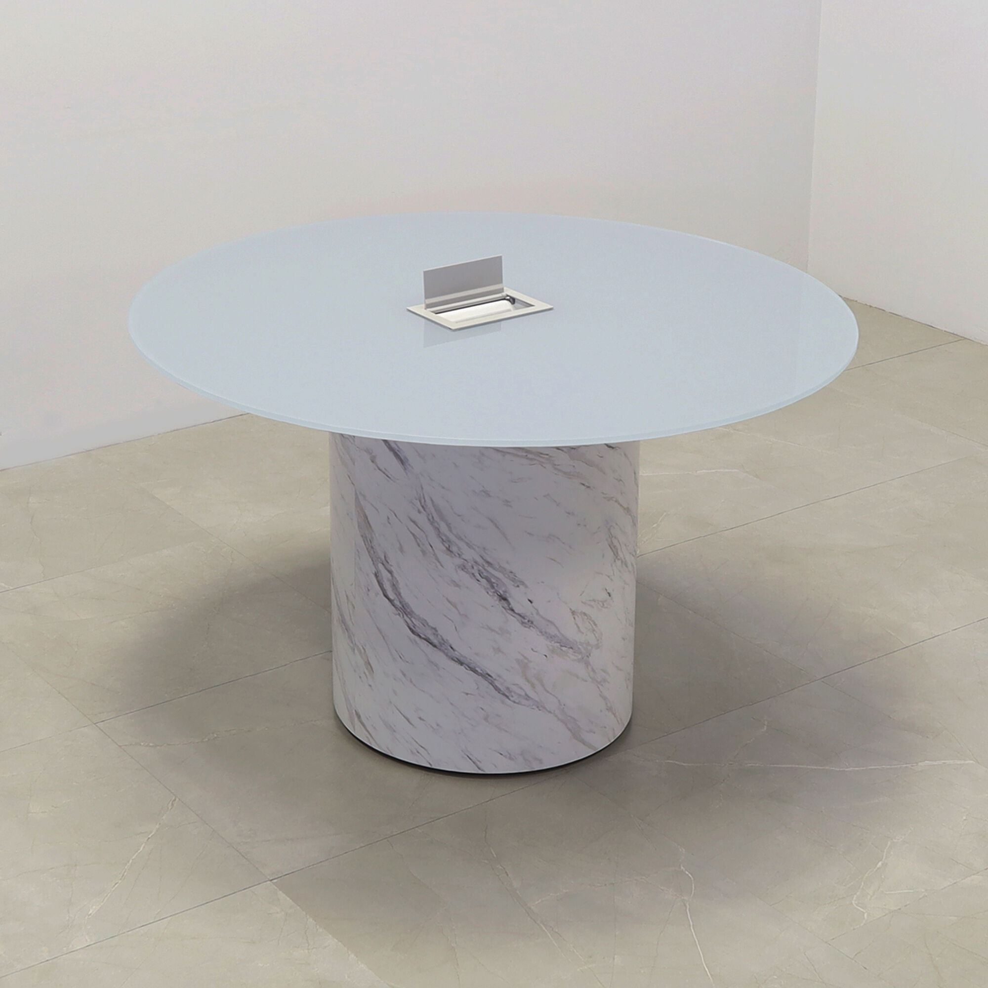 48-inch Omaha Round Conference Table in 1/2-inch white tempered glass top, and calcutta stone PVC base, with silver MX3 power box.