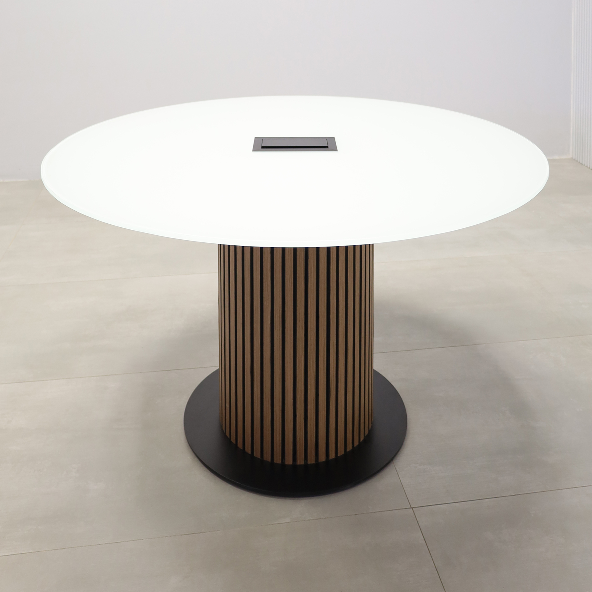 48-inch White Tempered Glass Top, Spiced Walnut veneer & Black background tambour pedestal, Black metal powder coated base, and Mx3 power box.