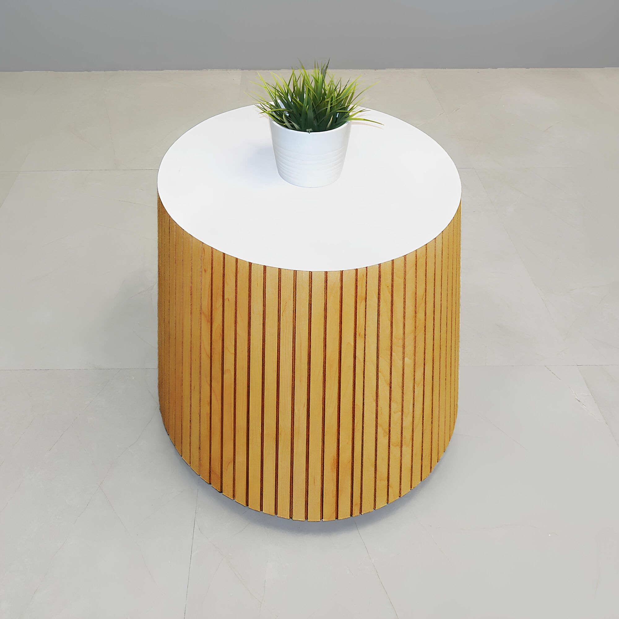 16-inch Norfolk Round Lobby Side Table in white gloss laminate top, and white oak tambour.