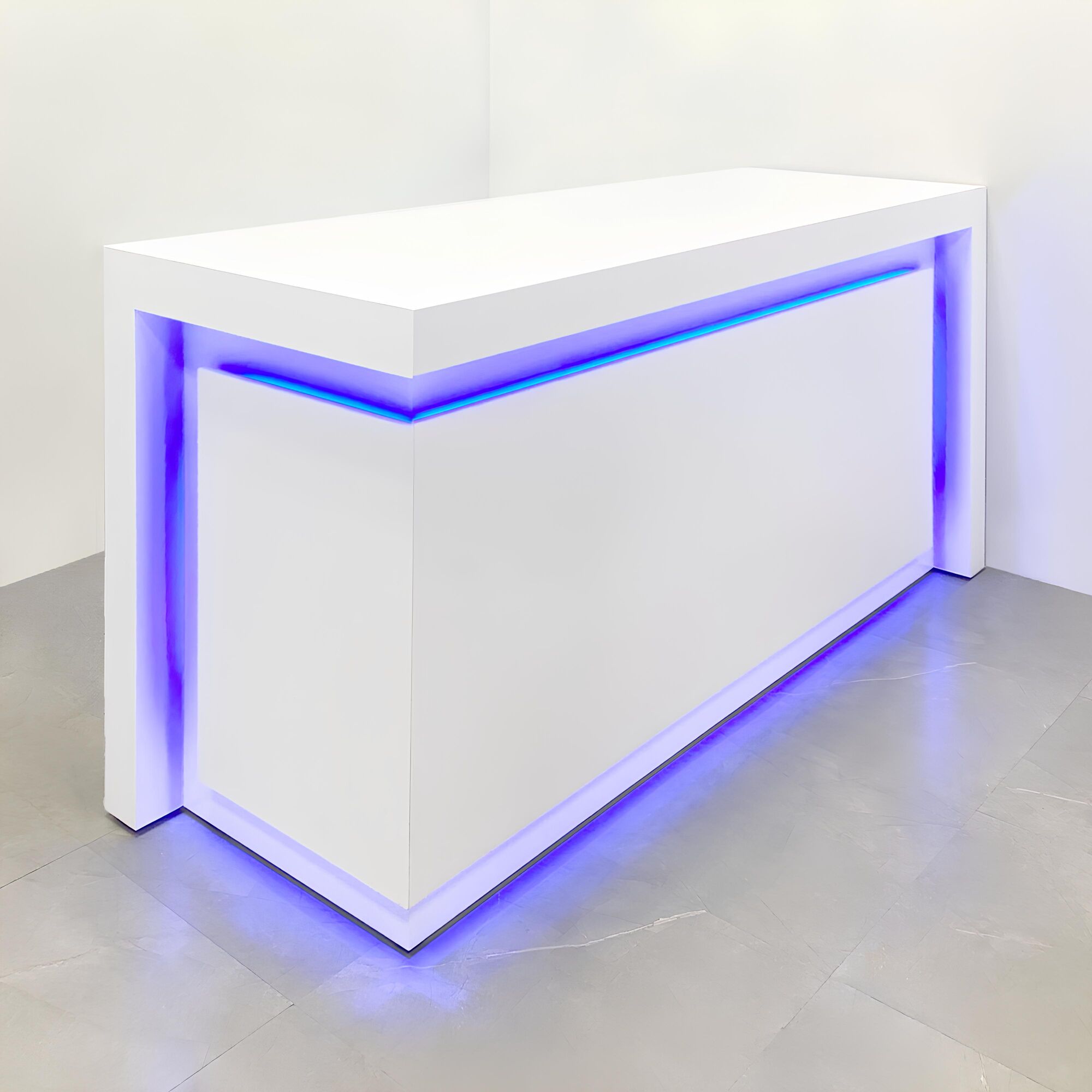 90-inch New York L-Shape Retail Custom Reception Desk in dover off-white matte laminate desk, and color changing LED.