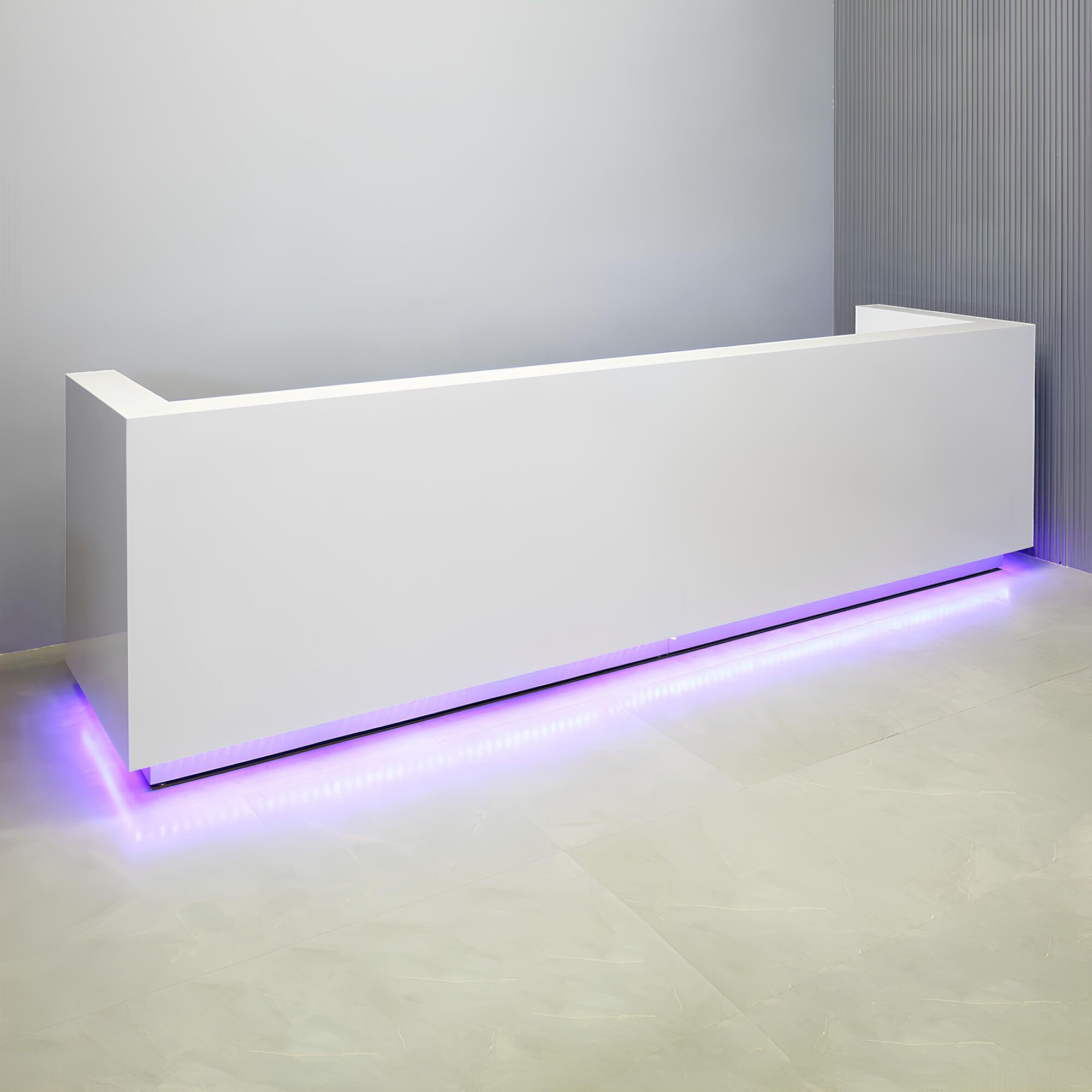 144-inch Dallas Large U-Shape Custom Reception Desk in white gloss laminate main desk, brushed aluminum toe-kick, and color changing LED.