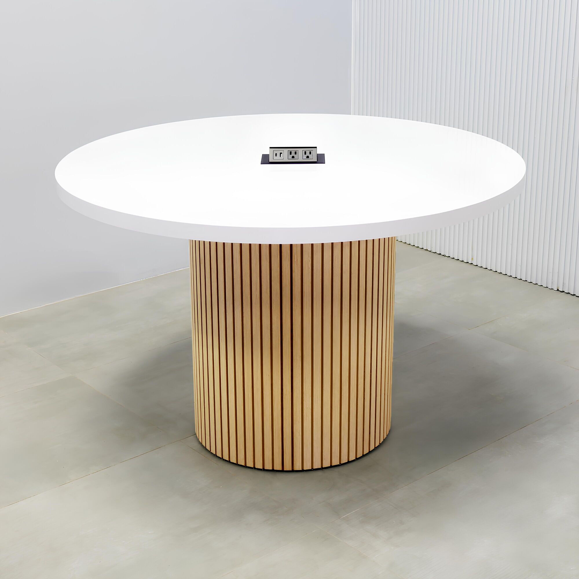 48-inch Newton Round Conference Table with X2 Base with white gloss laminate top, white oak tambour base, and MX2 power box in black.