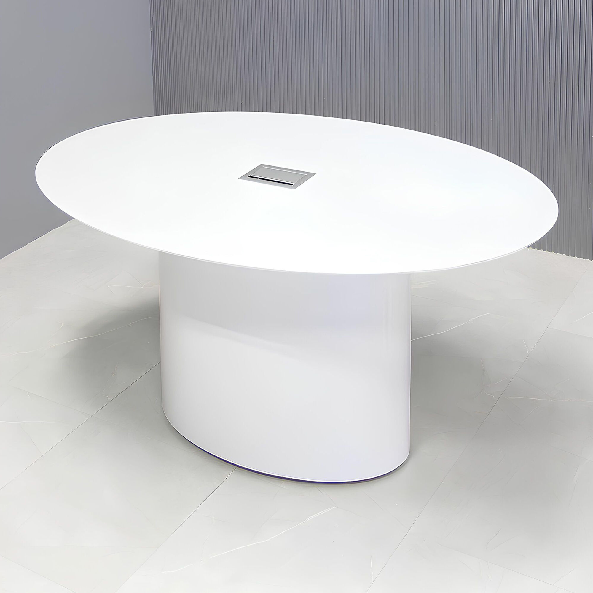 72-inch Aurora Oval Conference Table in 1/2-inch white solid engineered surface top, white gloss laminate base, and silver MX3 power box.