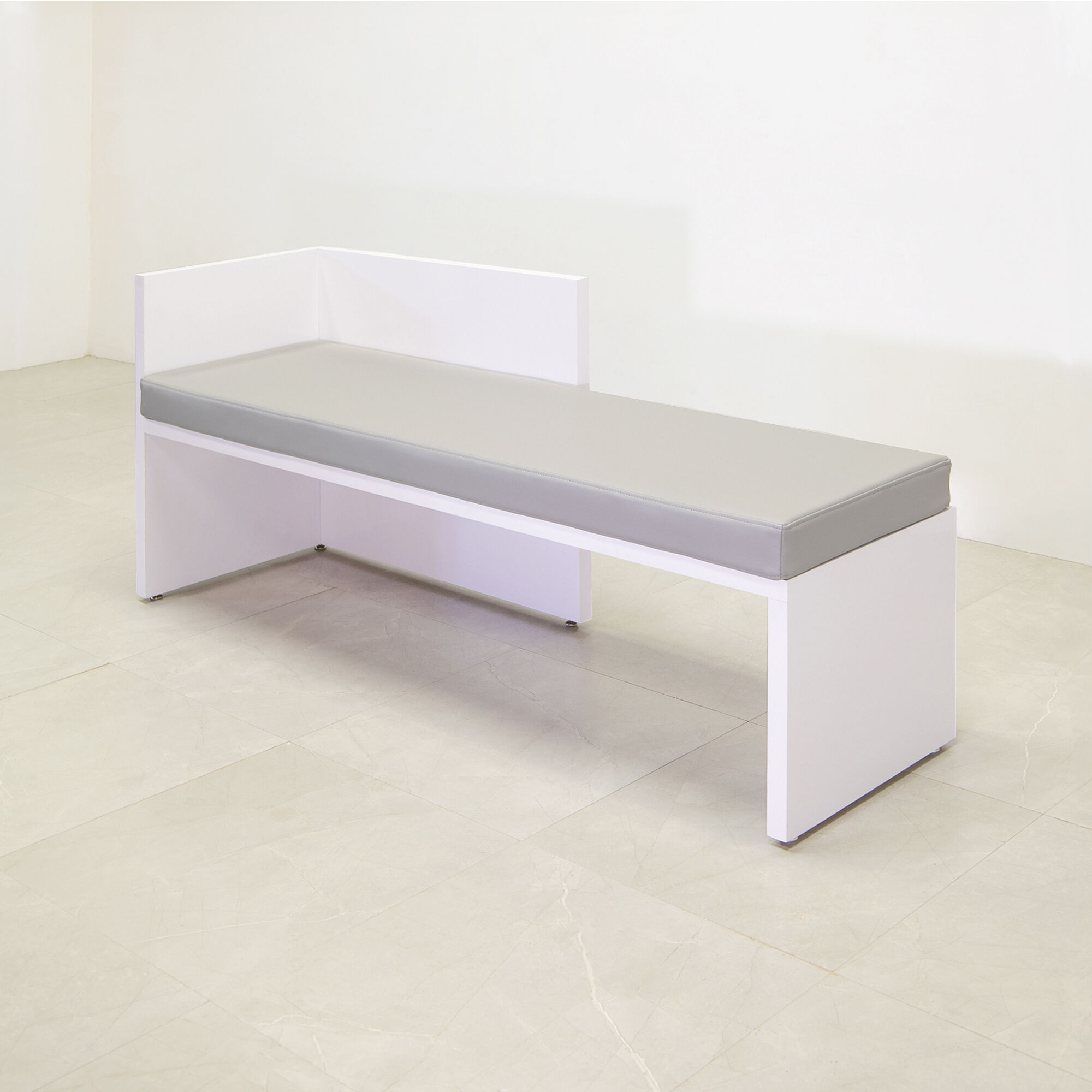 Astoria Sofa Bench with Cushion in gray leatherette and white gloss laminate finish sofa frame shown here.