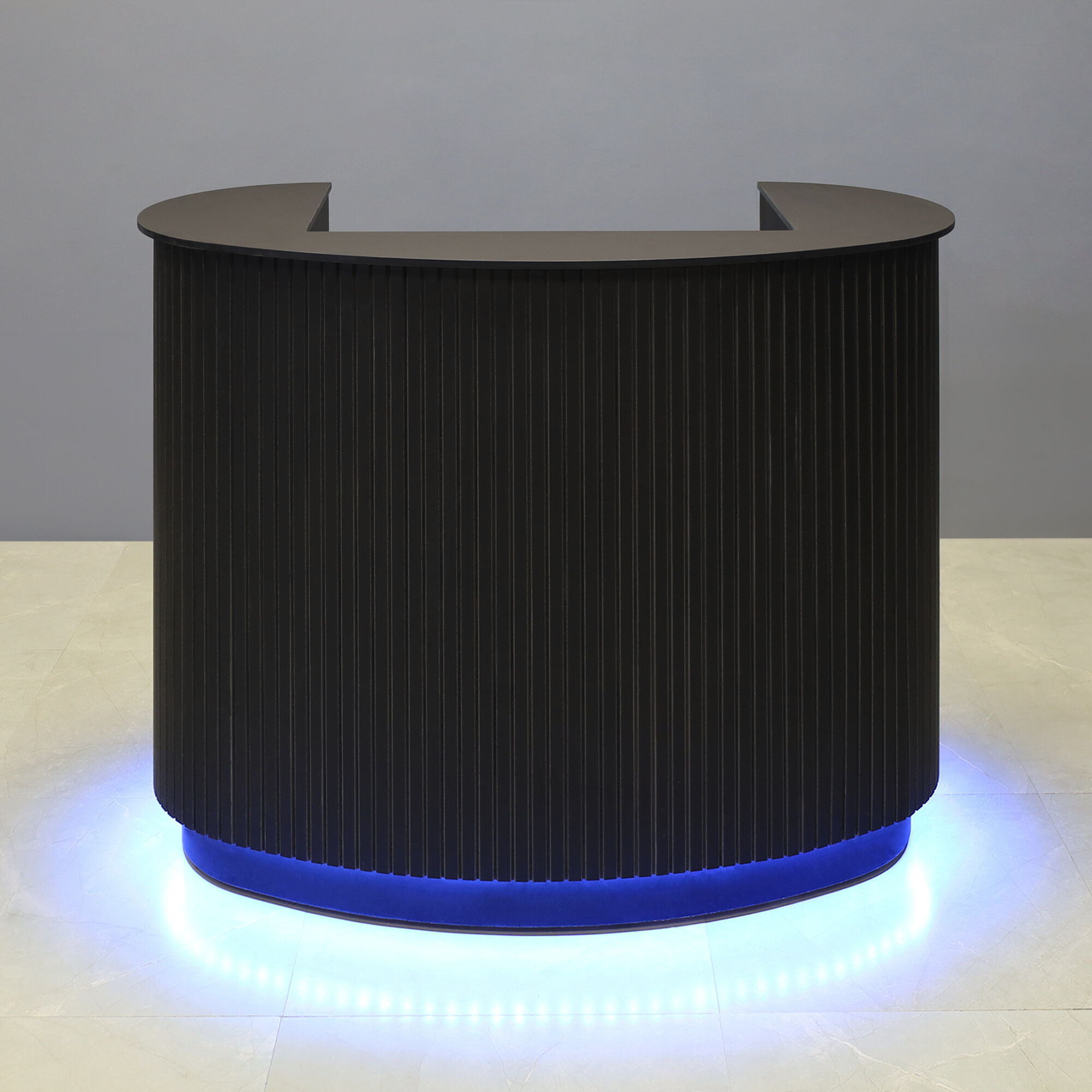 48-inch The Pill Podium & Host Custom Desk in 1/2-inch black traceless engineered surface top counter, black traceless tambour main desk, black traceless laminate workspace & toe-kick, and color changing LED.