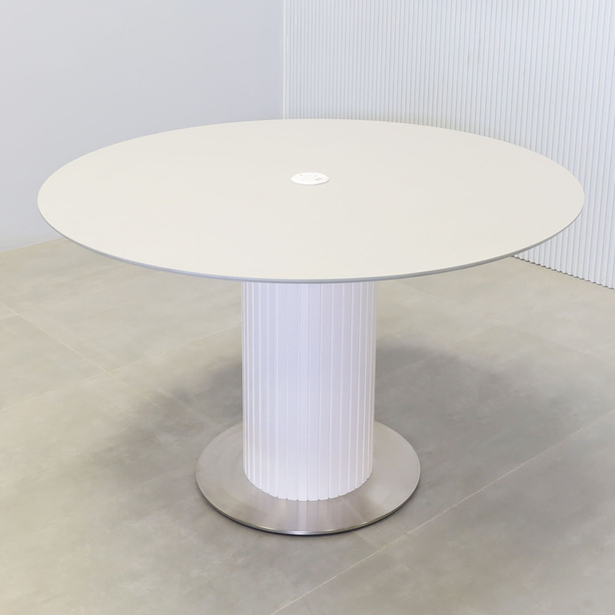 50-inch California X3 Round Conference table with light gray engineered surface top, white matte laminate tambour pedestal, silver stainless steel base, and MX1 power box.
