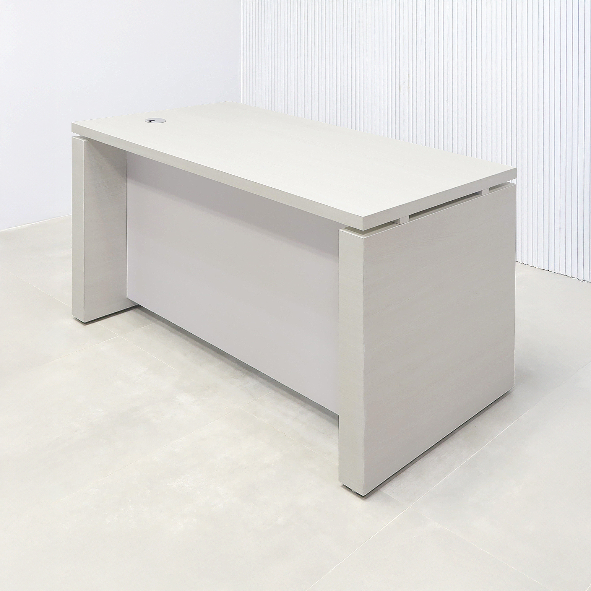 52-inch Denver Straight Laminate Executive Desk with White Ash laminate top, and Dover-Off white matte laminate privacy panel.