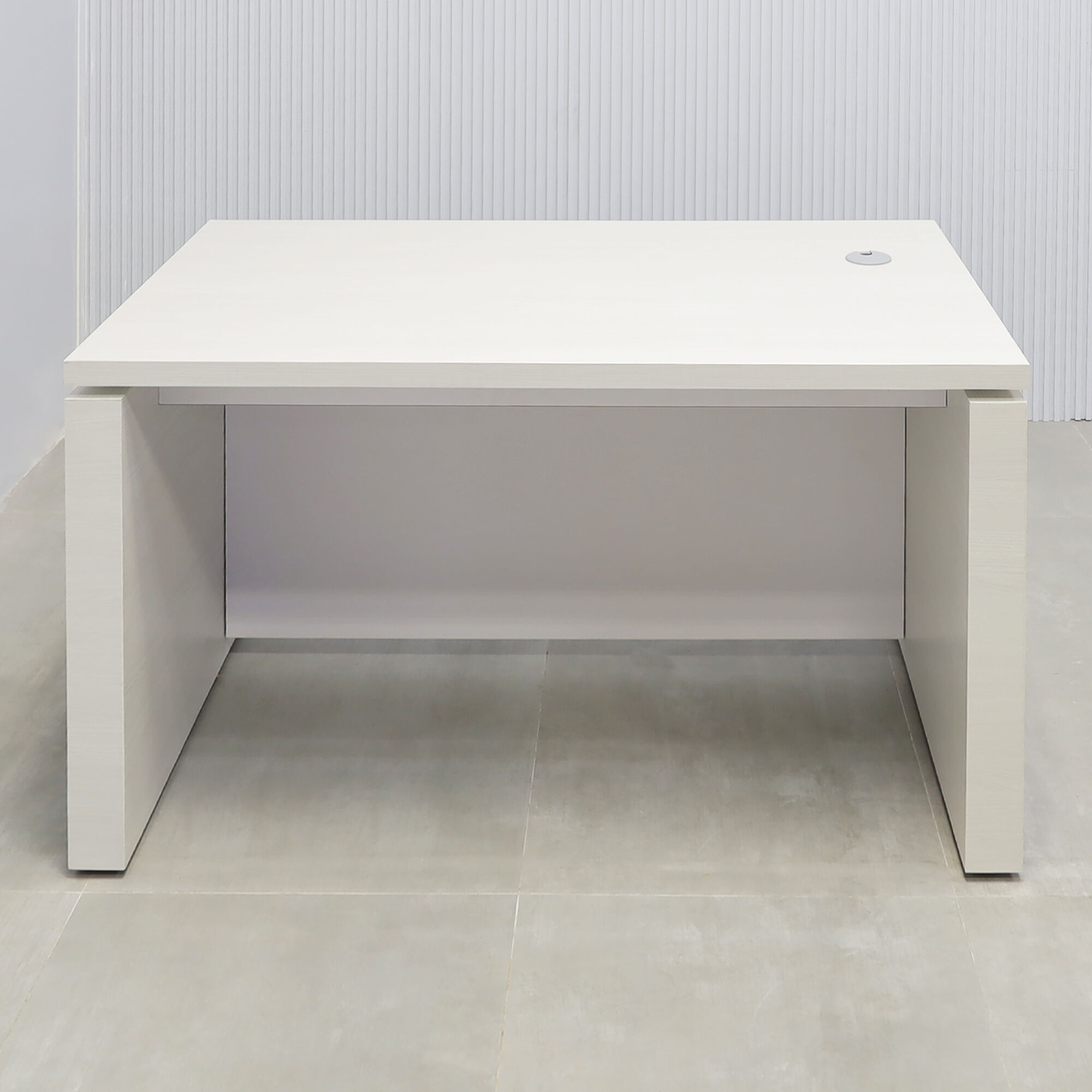 52-inch Denver Straight Executive Desk with white ash laminate top, white ash laminate base, and dover off-white matte laminate privacy panel.