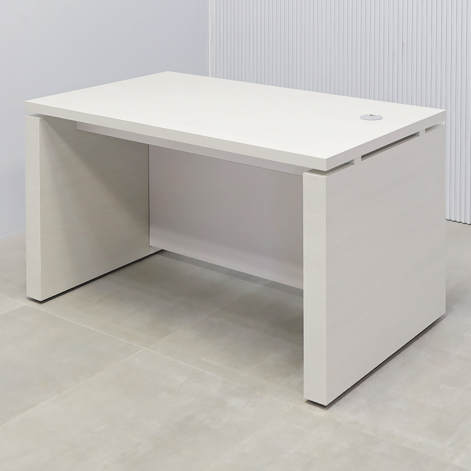 52-inch Denver Straight Executive Desk with white ash laminate top, white ash laminate base, and dover off-white matte laminate privacy panel.