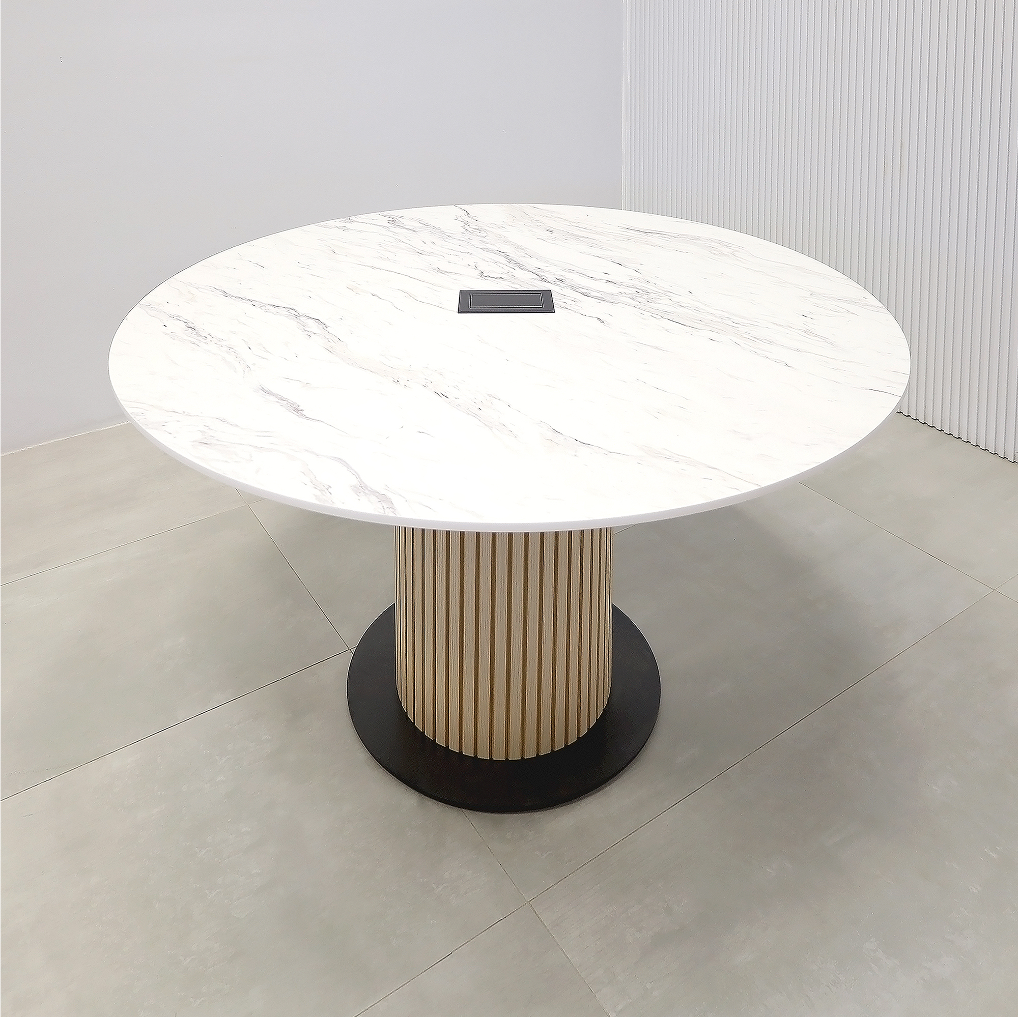 53-inch Aurora Conference Table and X3 Base with Calcutta Blanc engineered surface top, Washed Oak tambour pedestal, Black Metal powder coated base, and Mx2 power box.