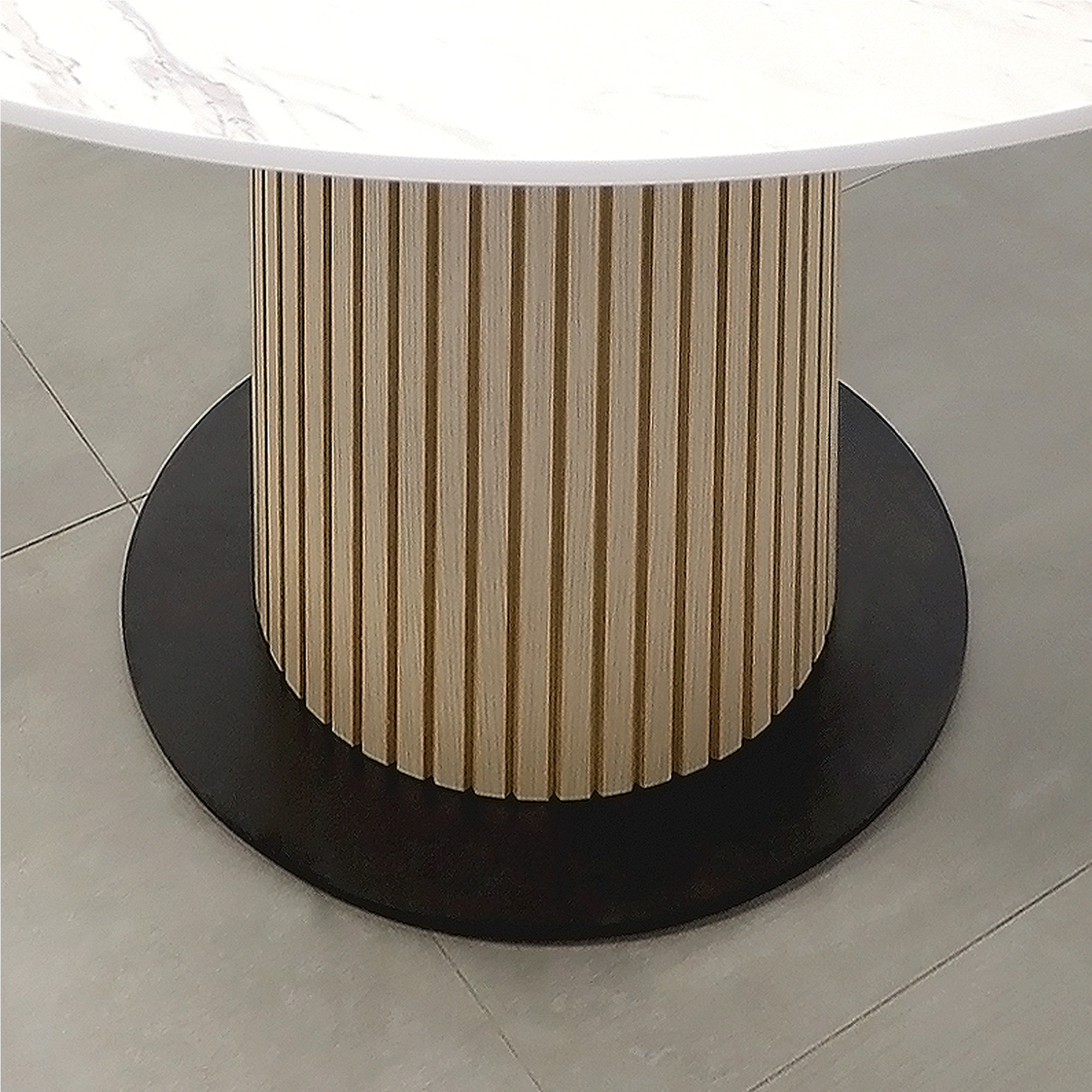 53-inch Aurora Conference Table and X3 Base with Calcutta Blanc engineered surface top, Washed Oak tambour pedestal, Black Metal powder coated base, and Mx2 power box.