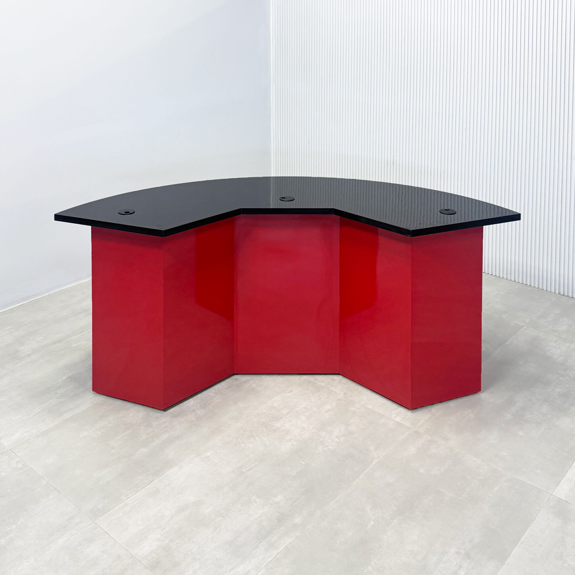 54-inch Tampa Bay Handmade Podcast Table with black gloss laminate top, classic red gloss laminate front base, and classic red gloss laminate back base. 