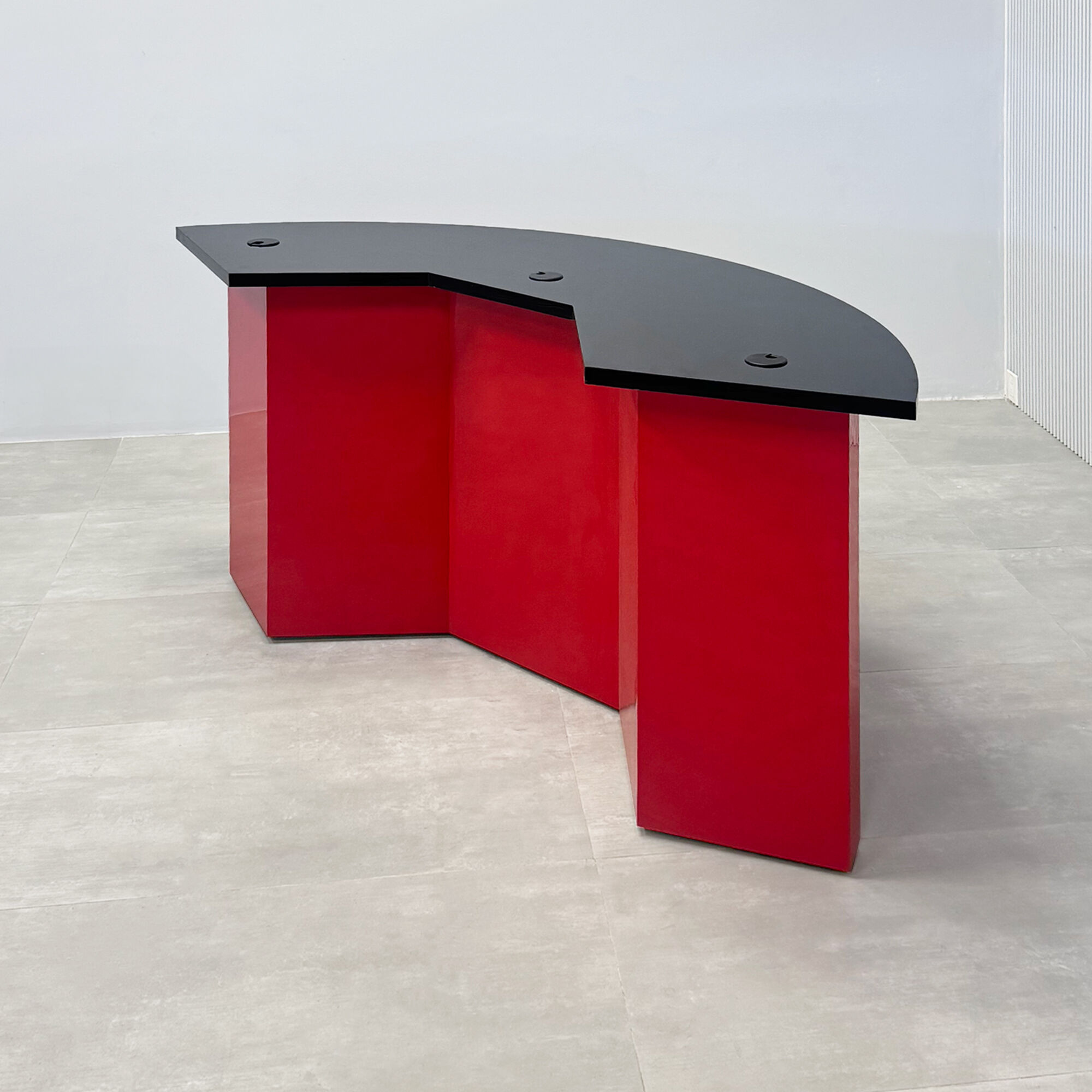 54-inch Tampa Bay Handmade Podcast Table with black gloss laminate top, classic red gloss laminate front base, and classic red gloss laminate back base. 