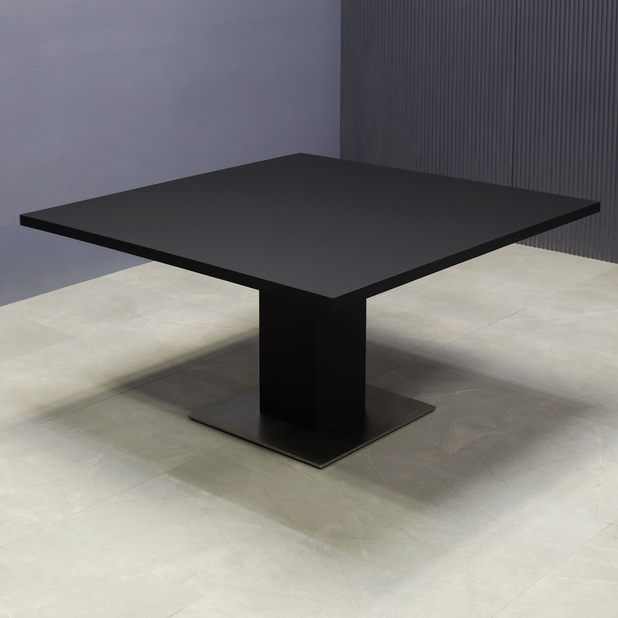 54-inch Newton Square Conference Table with X1 Base, pedestal in black traceless laminate, and silver metal powder-coated base.