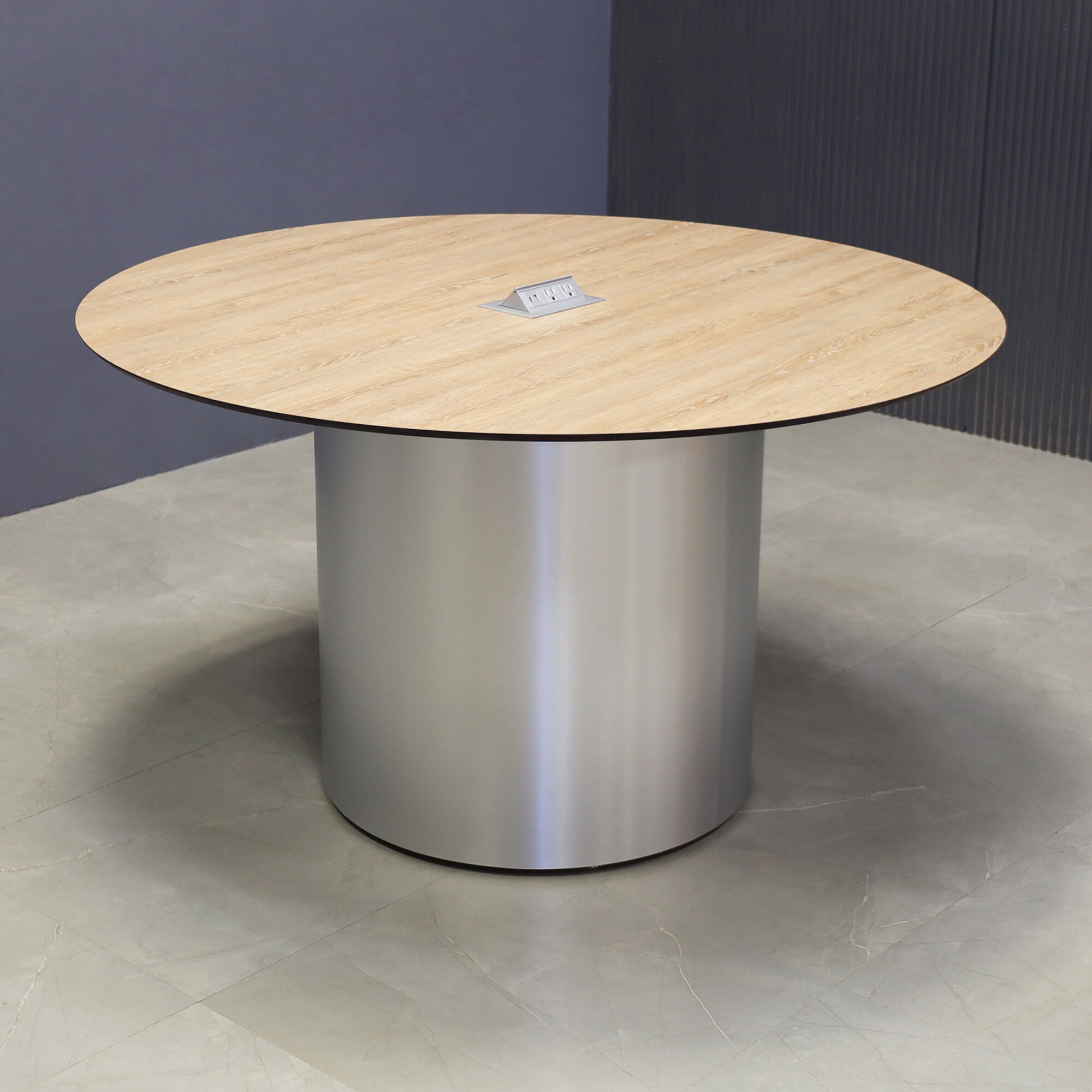 54-inch Aurora Round Conference Table in 1/2-inch Countryside oak engineered surface top, brushed aluminum base, and one silver MX2 power box.