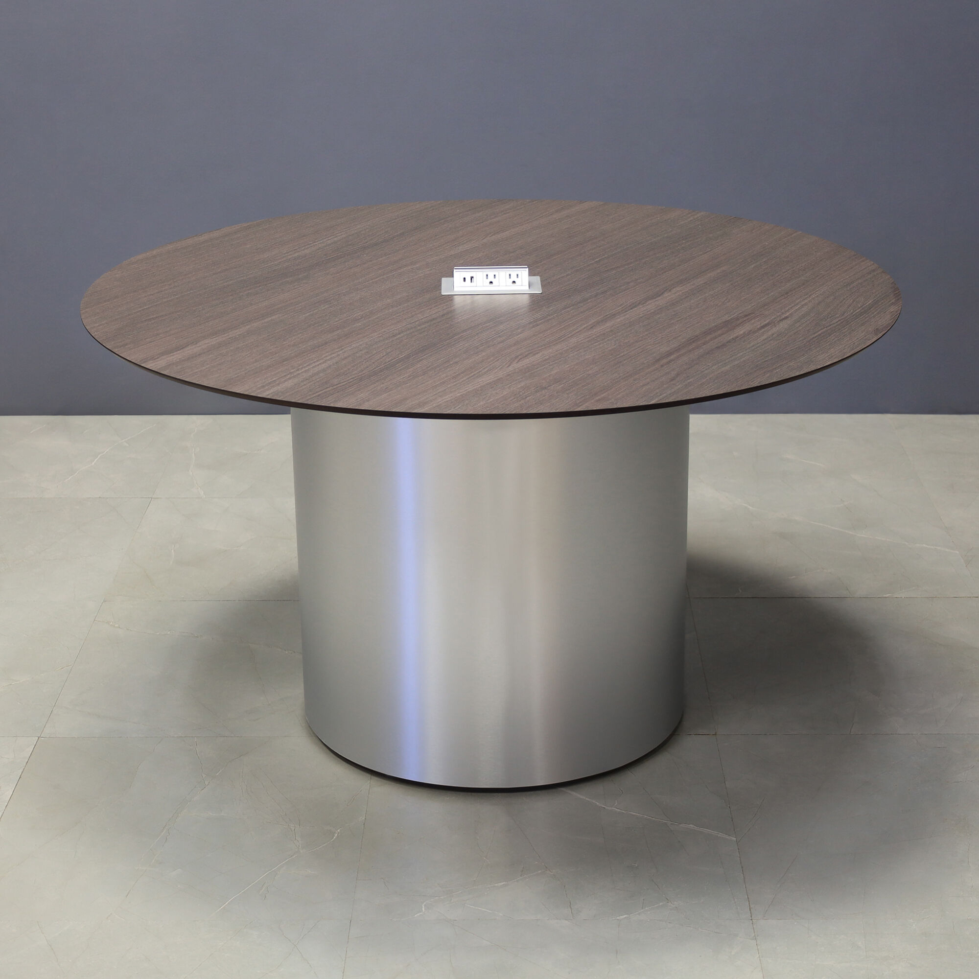 54-inch Aurora Round Conference Table in 1/2-inch gray oak engineered surface top, brushed aluminum base, and silver MX2 power box.