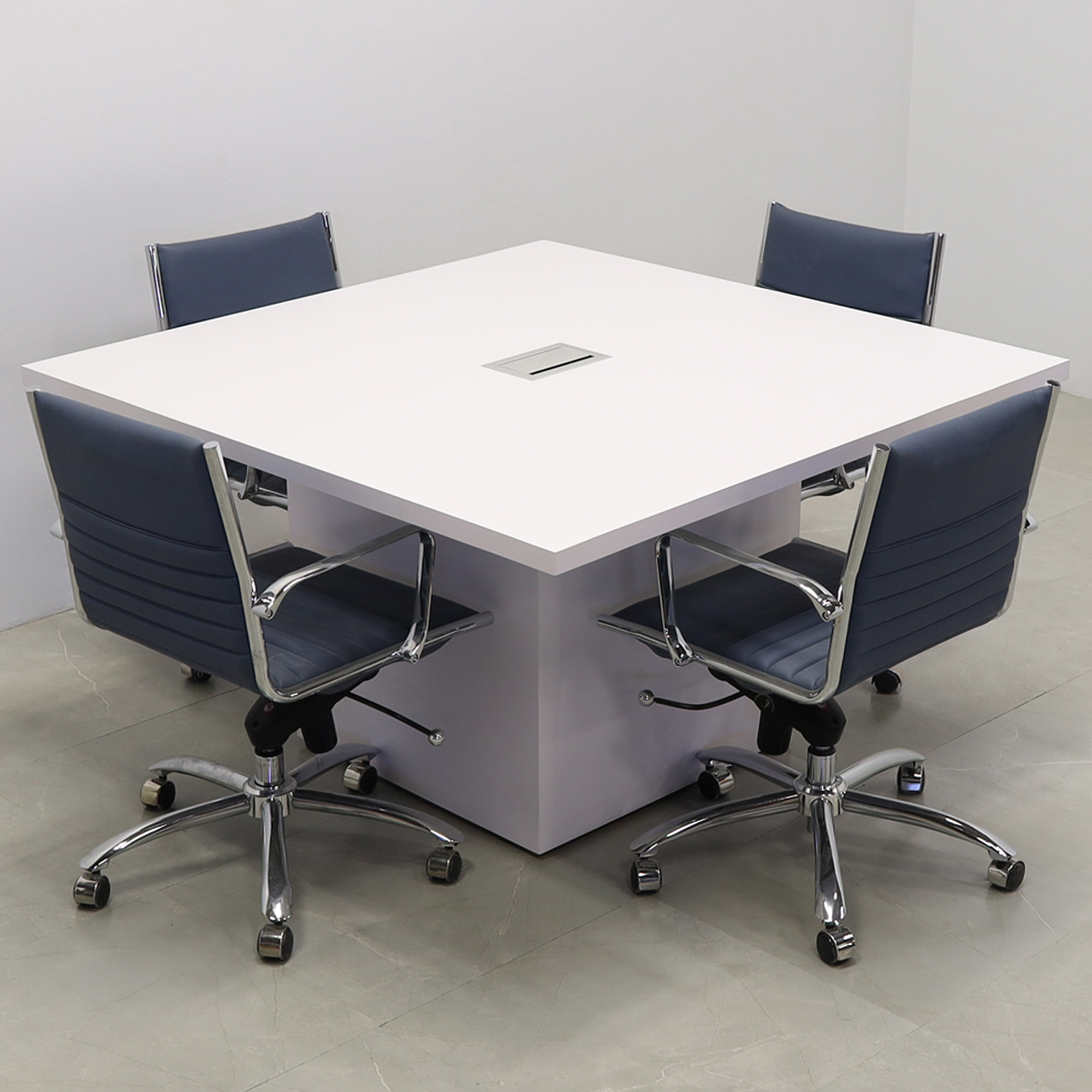 54-inch Newton Square Conference Table With Laminate Top in white matte laminate top and base, with silver MX3 powerbox, shown here.