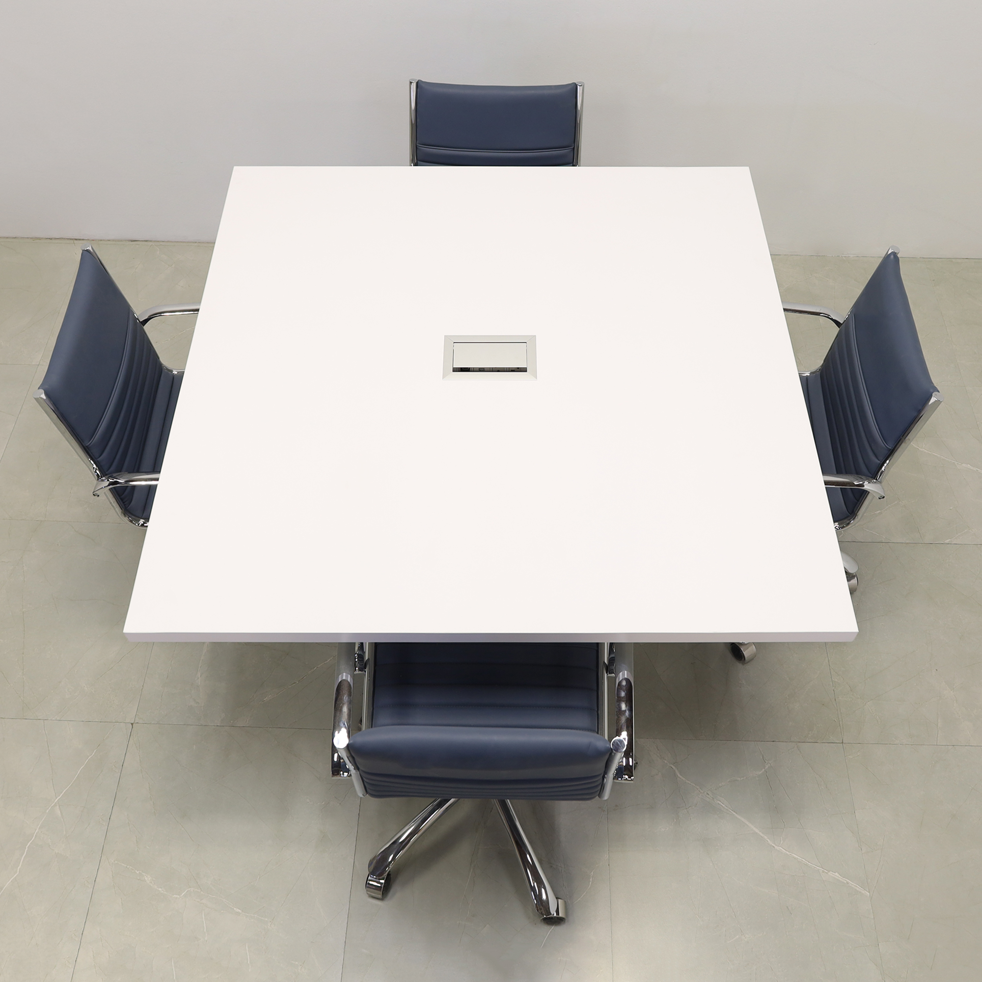 54-inch Newton Square Conference Table With Laminate Top in white matte laminate top and base, with silver MX3 powerbox, shown here.