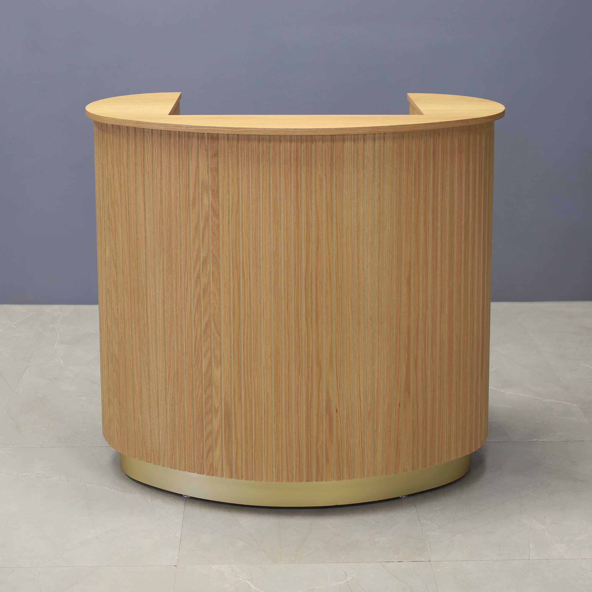 48-inch The Pill Podium & Host Custom Desk in white oak veneer top, front desk and workspace, with gold aluminum toe-kick, shown here.