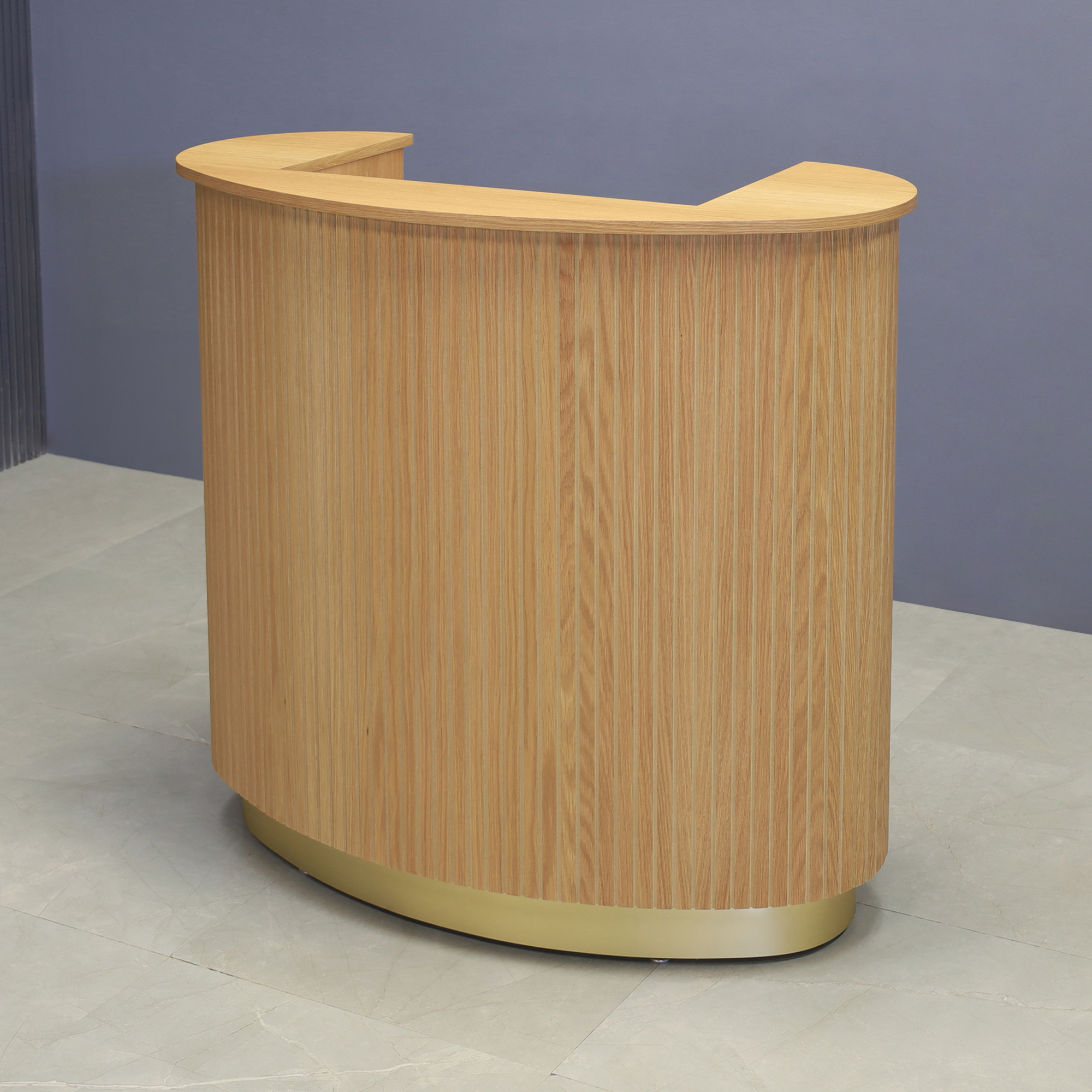 48-inch The Pill Podium & Host Custom Desk in white oak veneer top, front desk and workspace, with gold aluminum toe-kick, shown here.