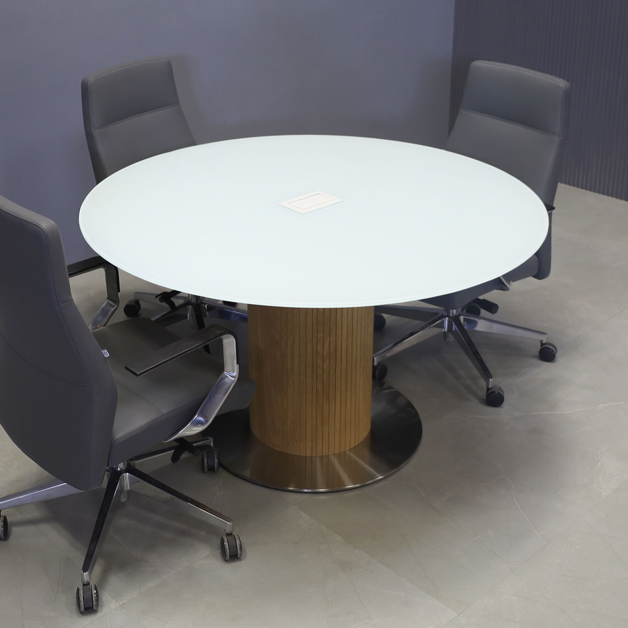 54-inch Omaha Round Conference Table with X3 Base in white tempered glass top, white oak tambour pedestal, silver stainless steel base, and white MX2PB.
