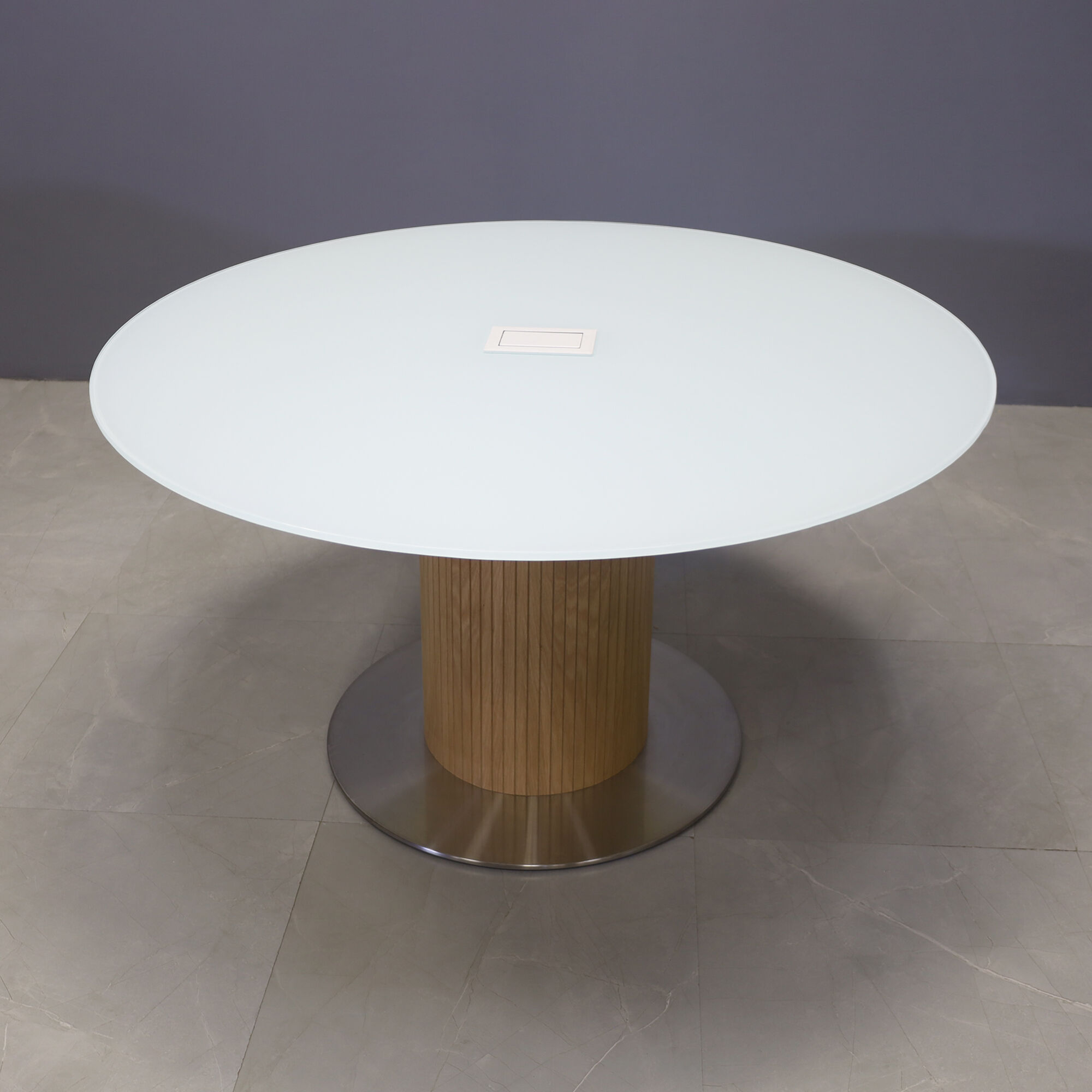 54-inch Omaha Round Conference Table with X3 Base in white tempered glass top, white oak tambour pedestal, silver stainless steel base, and white MX2PB.