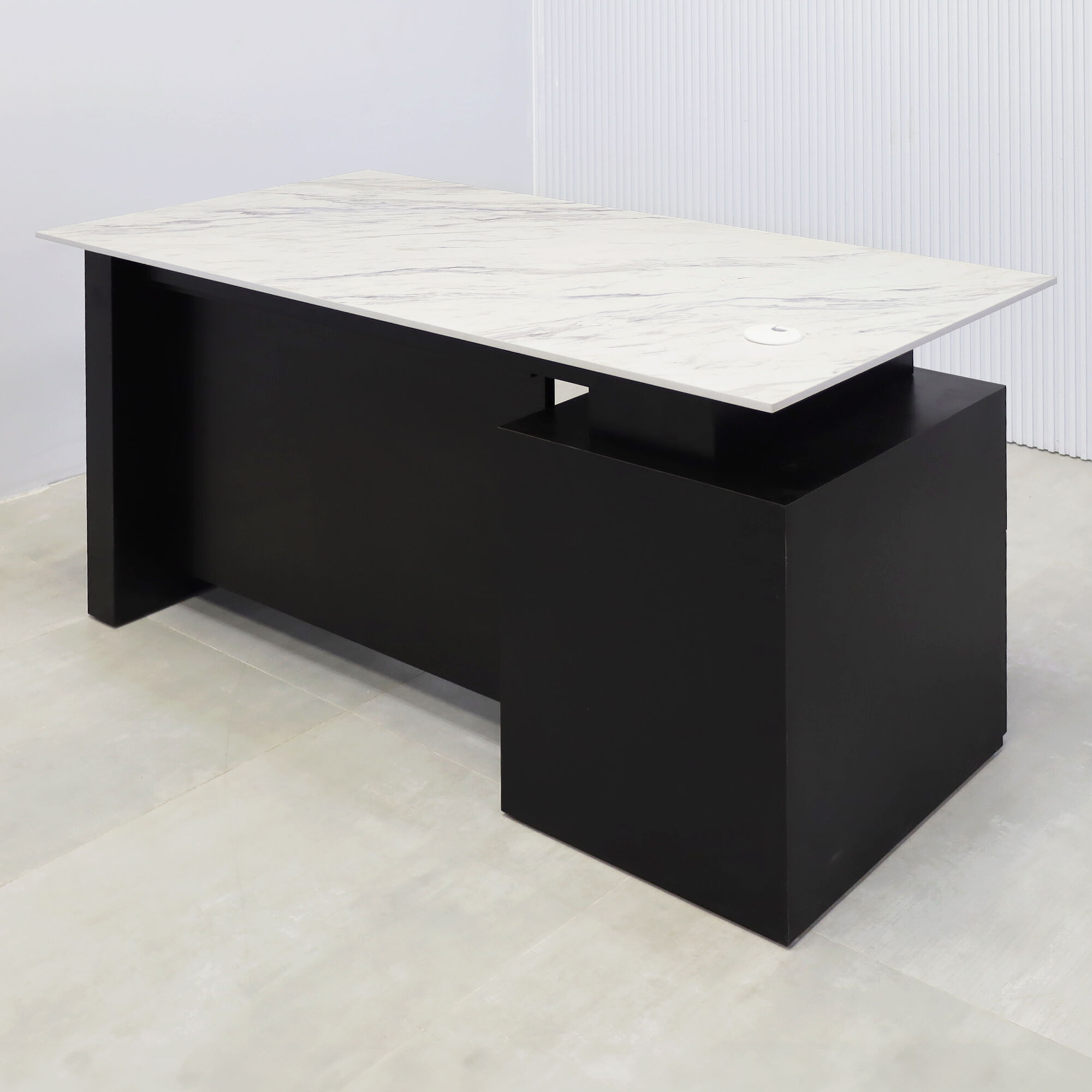 59.5-inch Avenue Straight Executive Desk with calcutta blanc engineered surface top, black matte laminate base & cabinet, and black matte laminate privacy panel.