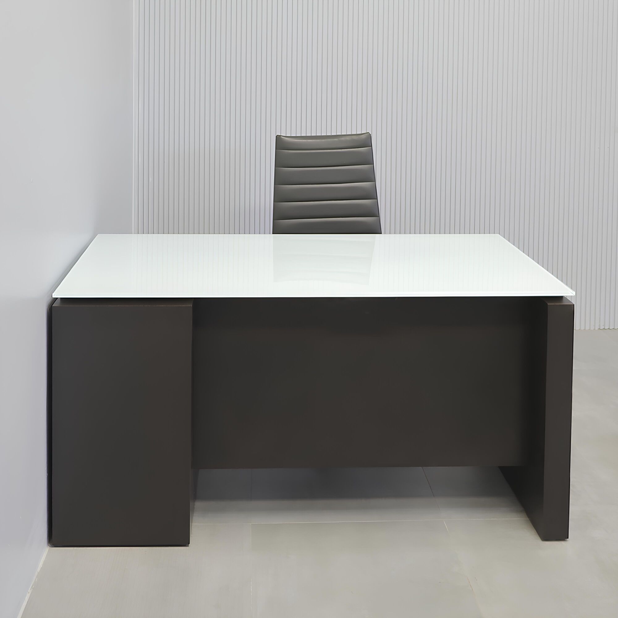 59.5-inch Denver St Executive Desk with white glass top and dark gray matte laminate base & privacy panel. 