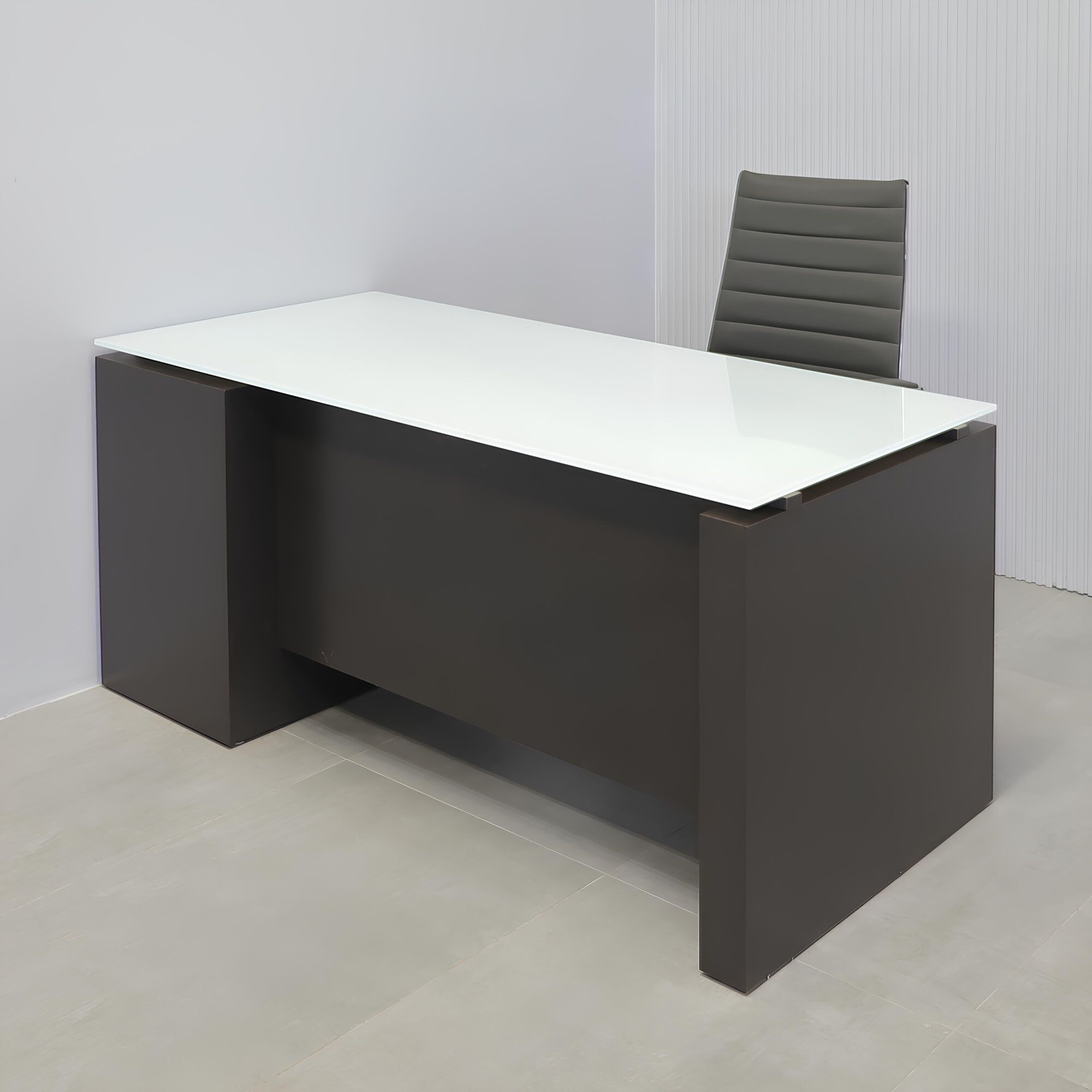 59.5-inch Denver St Executive Desk with white glass top and dark gray matte laminate base & privacy panel. 