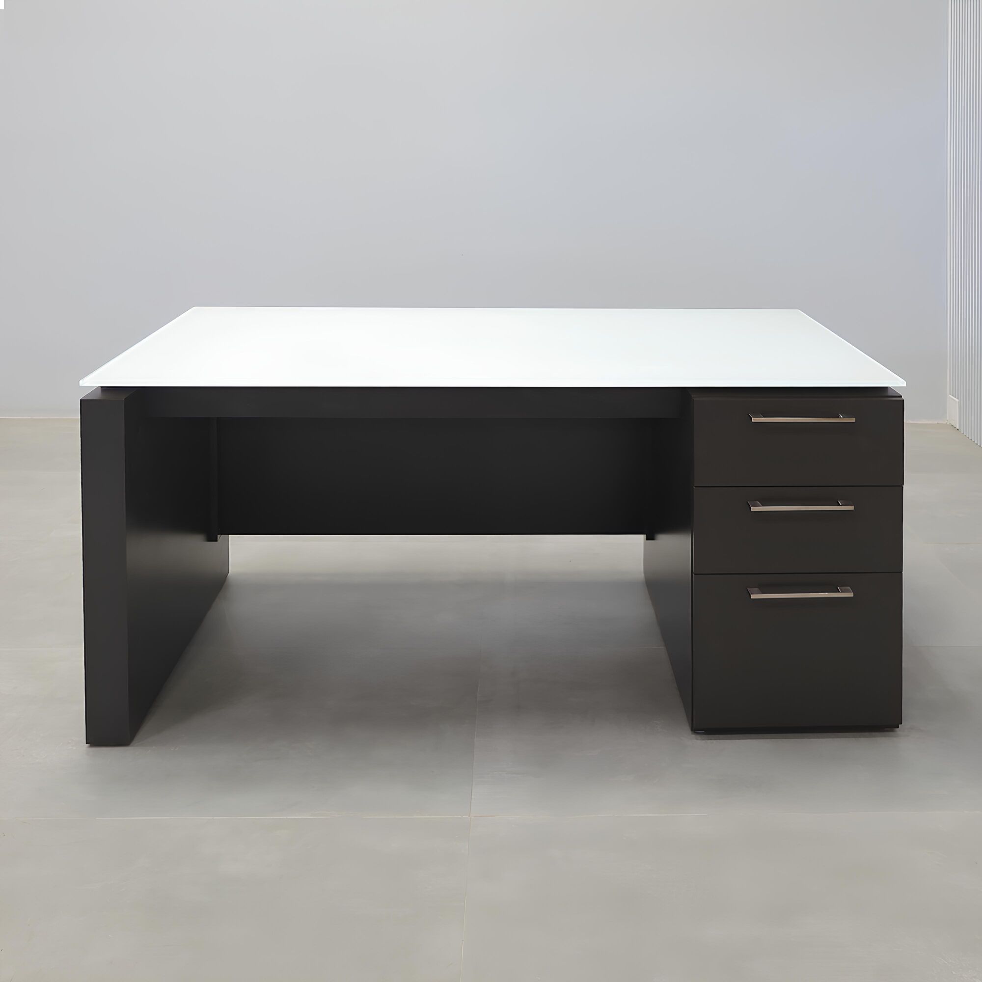 59.5-inch Denver St Executive Desk with white glass top and dark gray matte laminate base & privacy panel. 