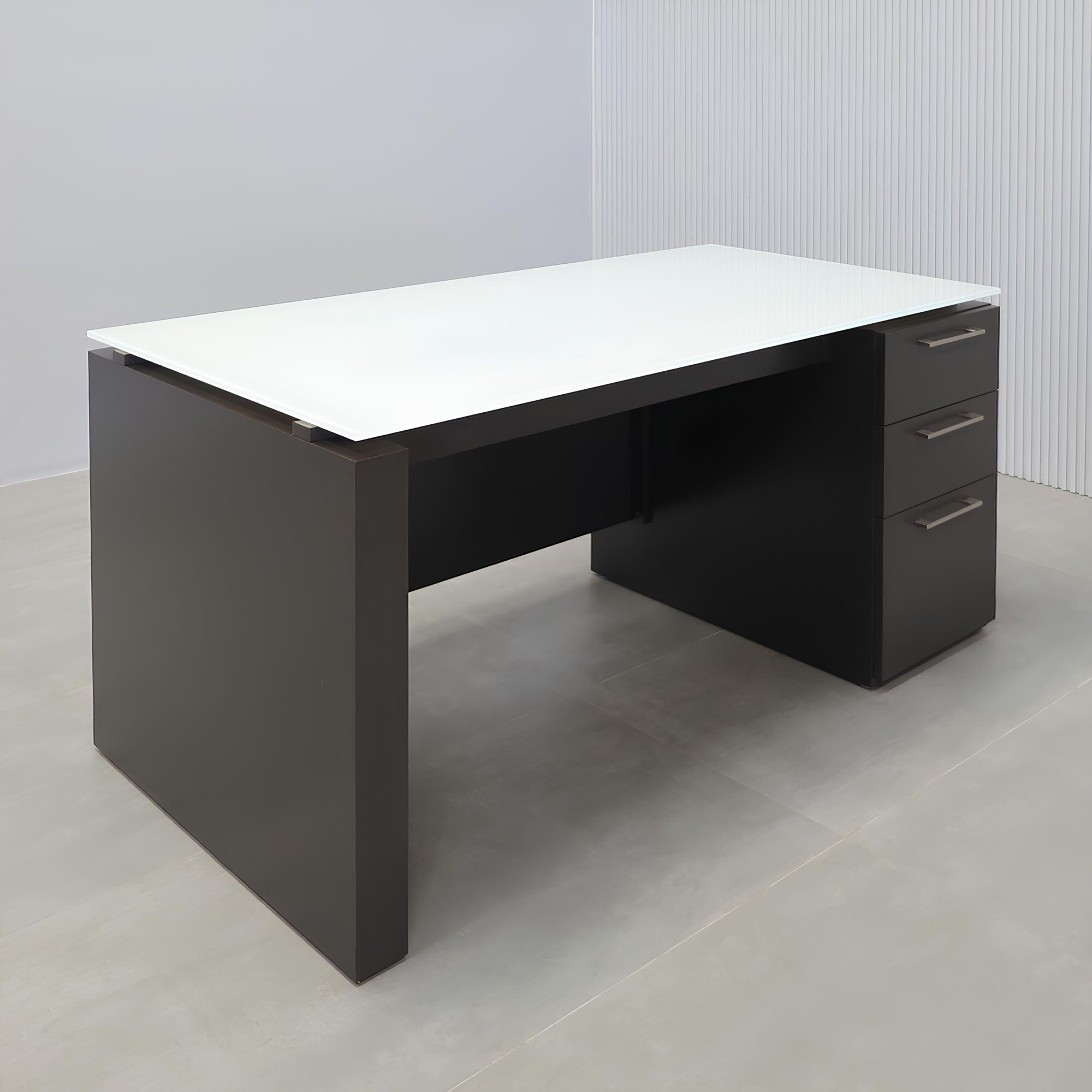 59.5-inch Denver St Executive Desk with white glass top and dark gray matte laminate base & privacy panel. 