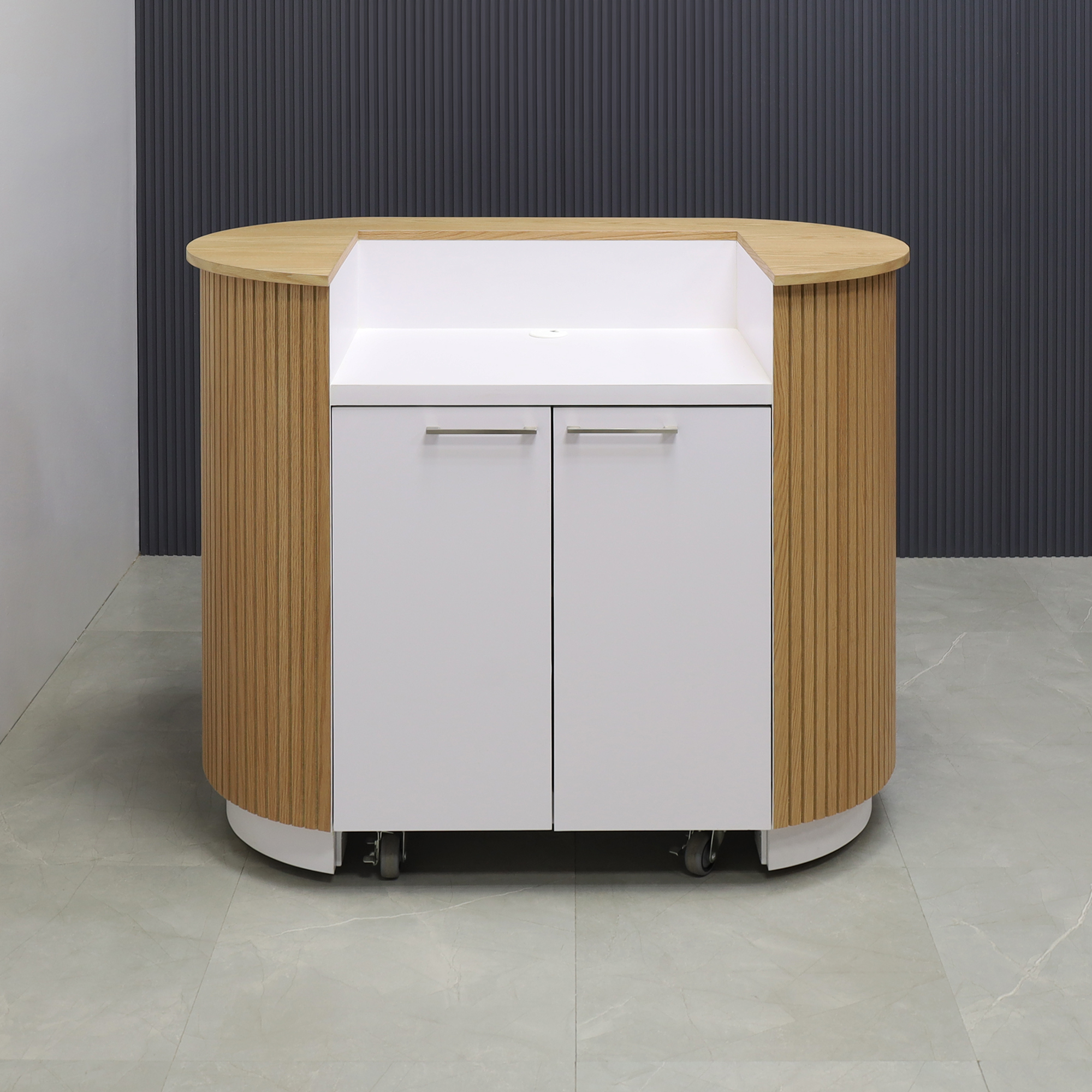 48-inch The Pill Podium & Host Custom Desk in white oak veneer top & front desk, with white matte laminate inside desk and toe-kick. Two doors and adjustable shelf, and set of 4 wheels added, shown here.