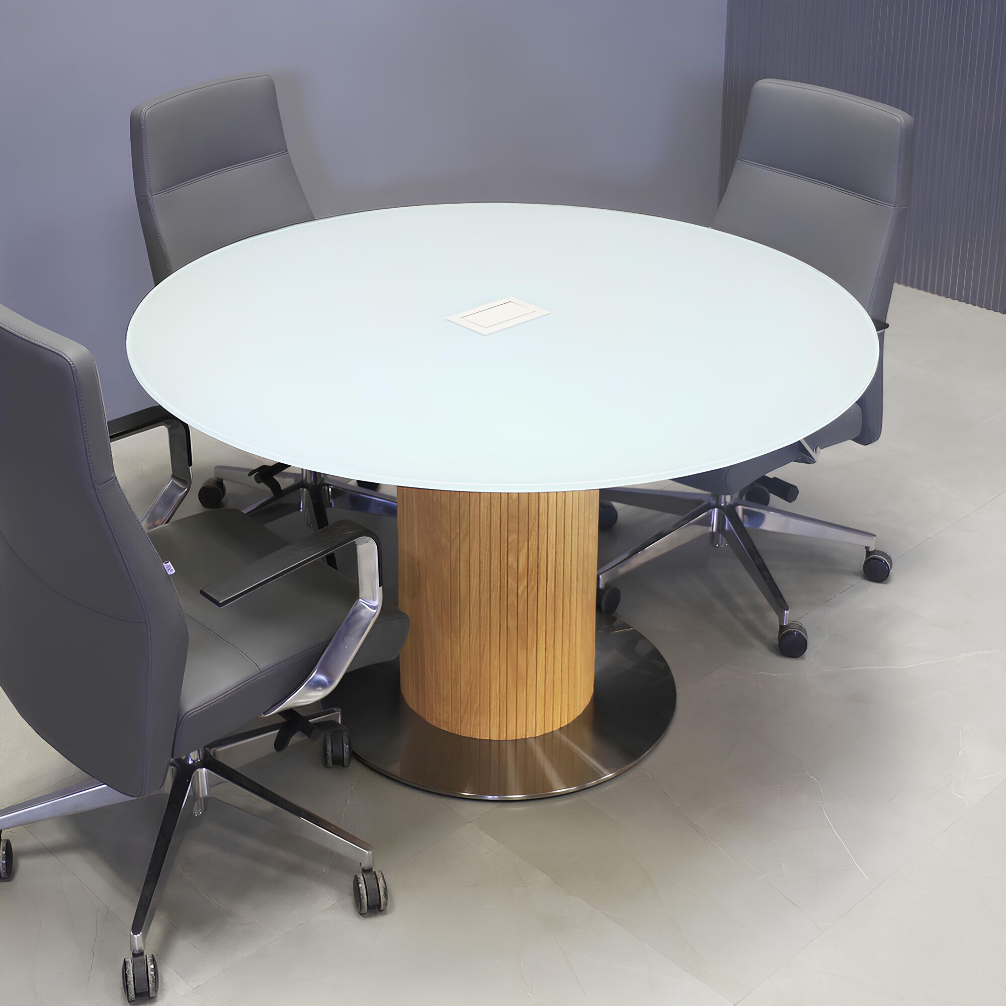 54-inch Omaha Round Conference Table with X3 Base in white tempered glass top, white oak tambour pedestal, silver stainless steel base, and white MX2PB.