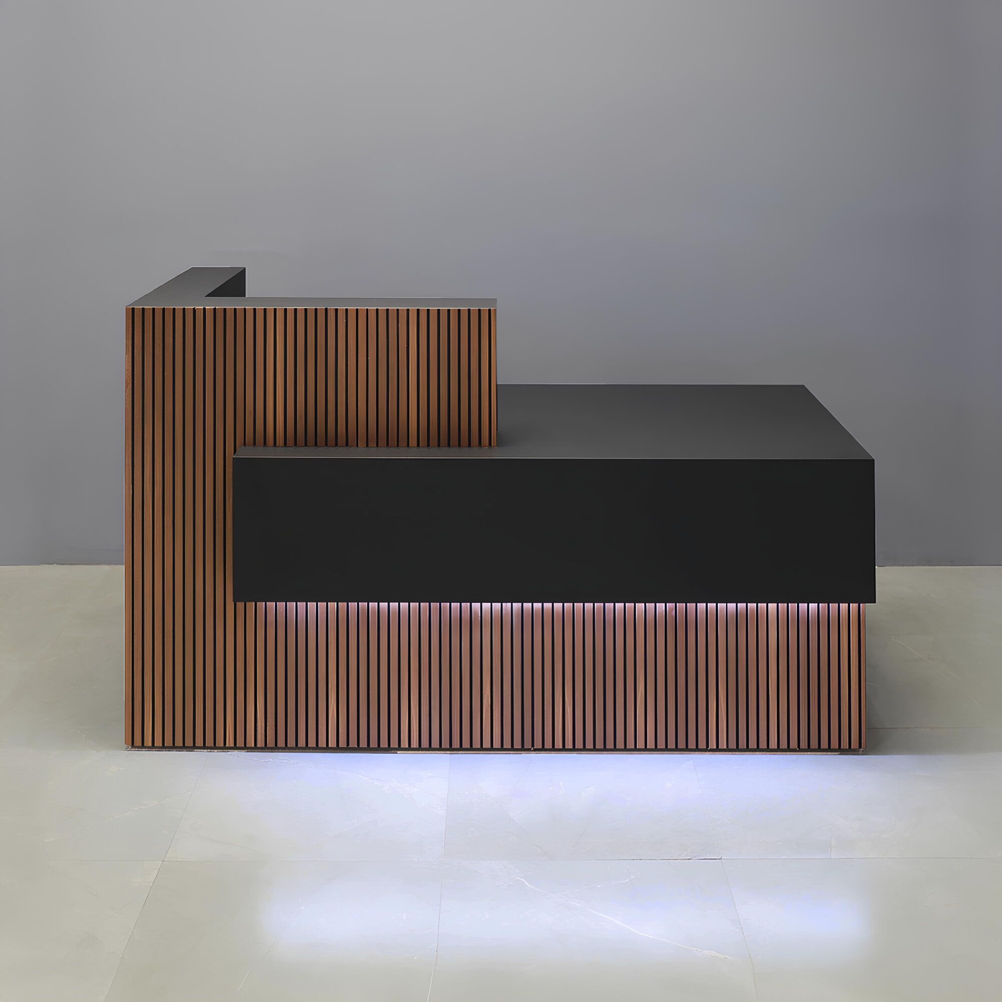 72-inch Atlanta Custom Reception Desk with the countertop & base on the left side when facing front covered in walnut & black tambour, while the workspace and front panel are covered in black traceless laminate, and warm white LED.